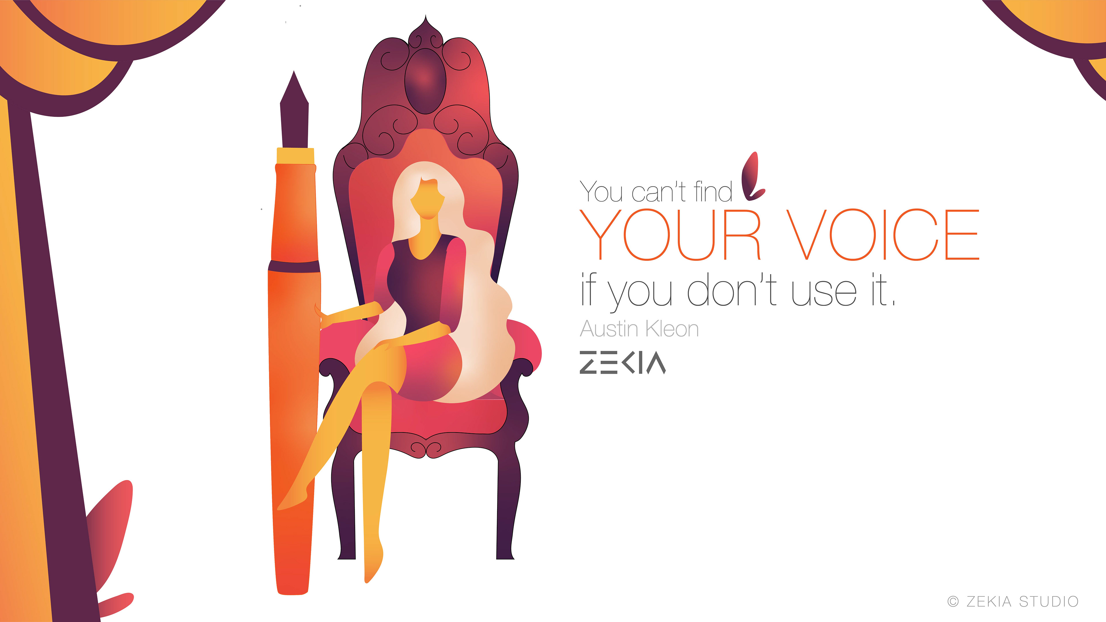 Illustrated motivational quotes on women empowerment: #8 "Use your voice" quote with a writer