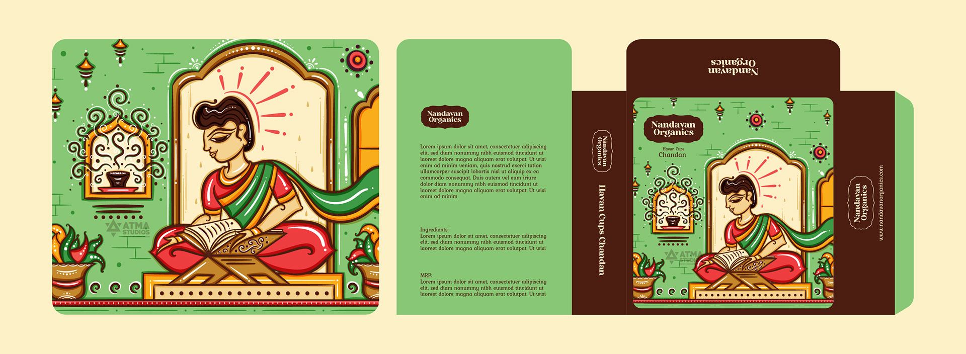 Nandavan Organics package illustrations in neo Bengal folk art: havan cups box dieline
