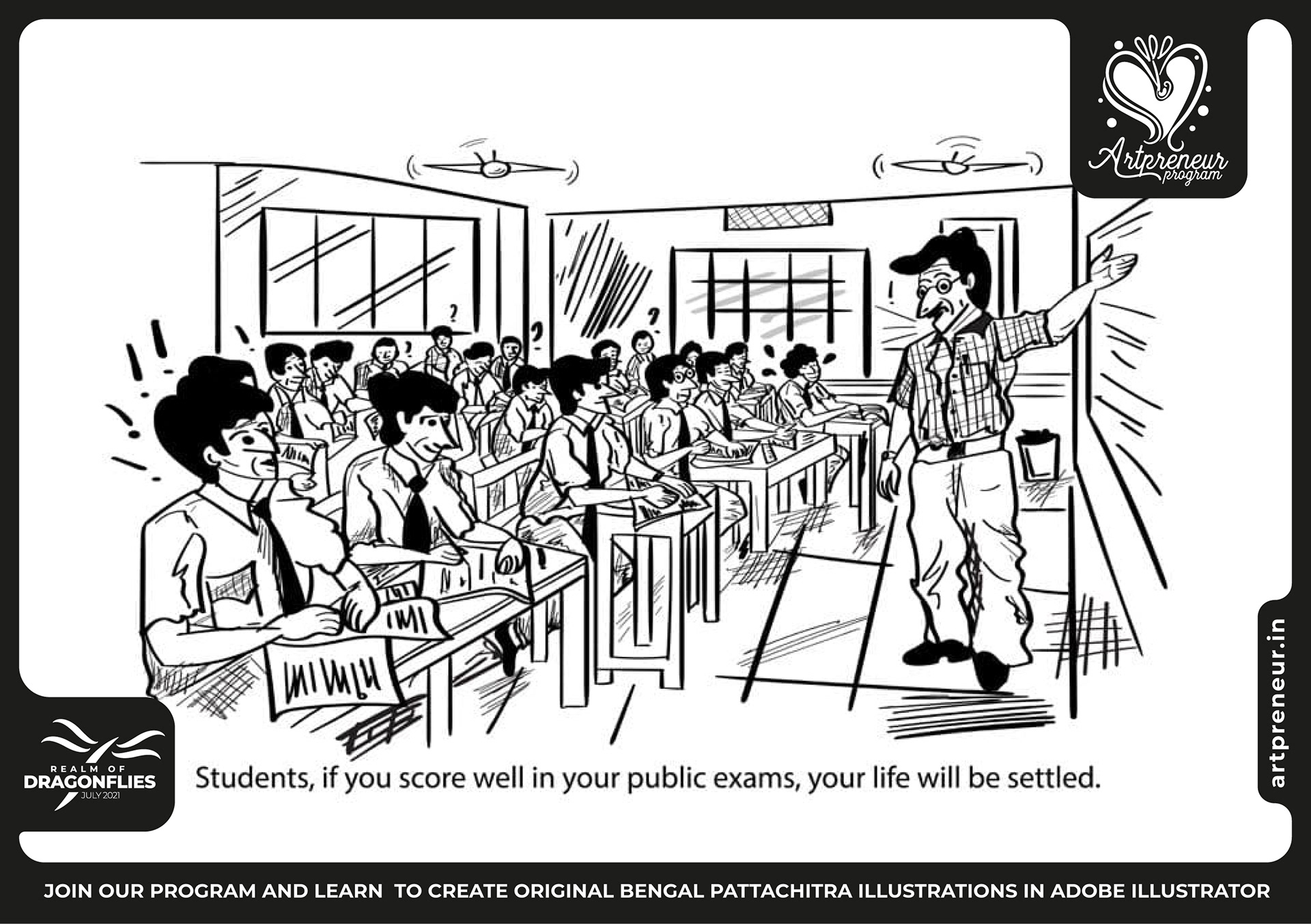 30 pen and pun comic cartoon illustrations: #24 Students in a busy corridor