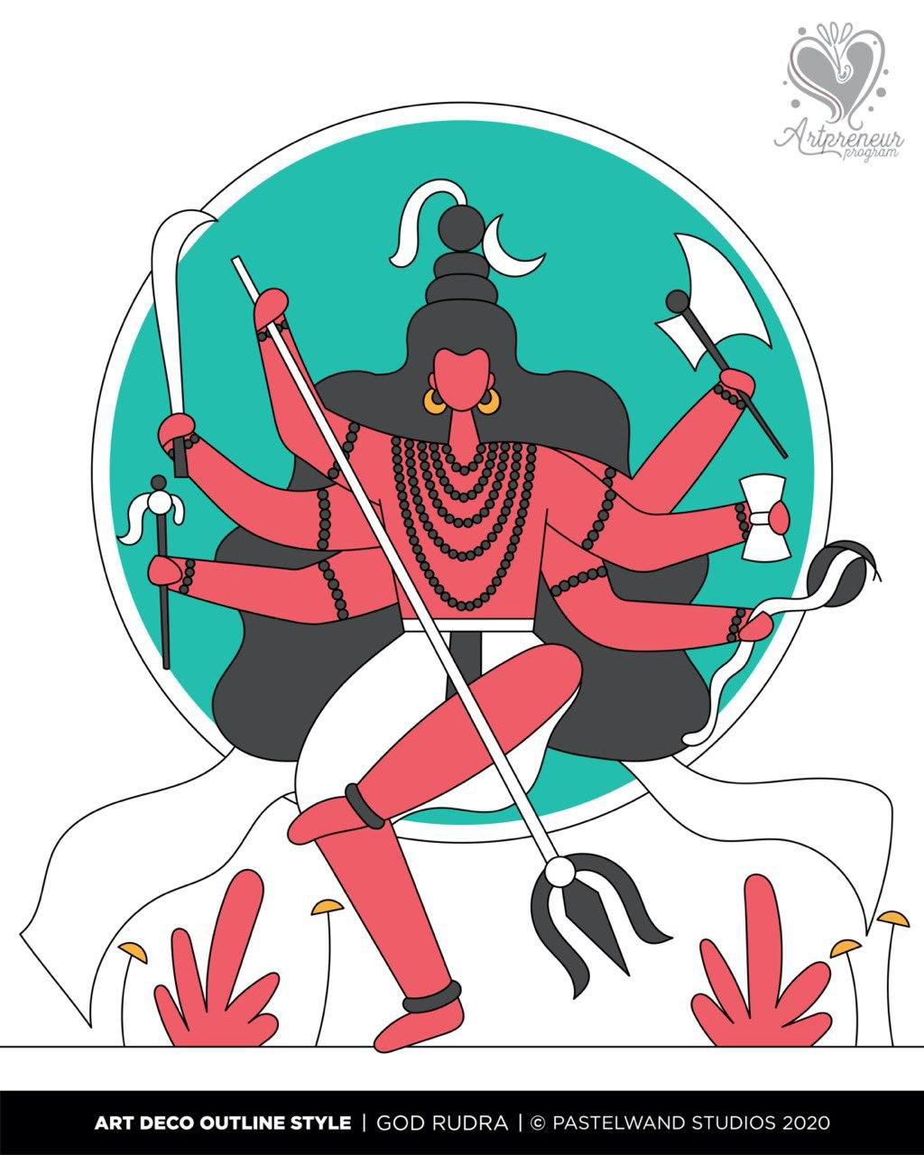 12 dimensions of Shiva in Art Deco outline style: #10 Rudra