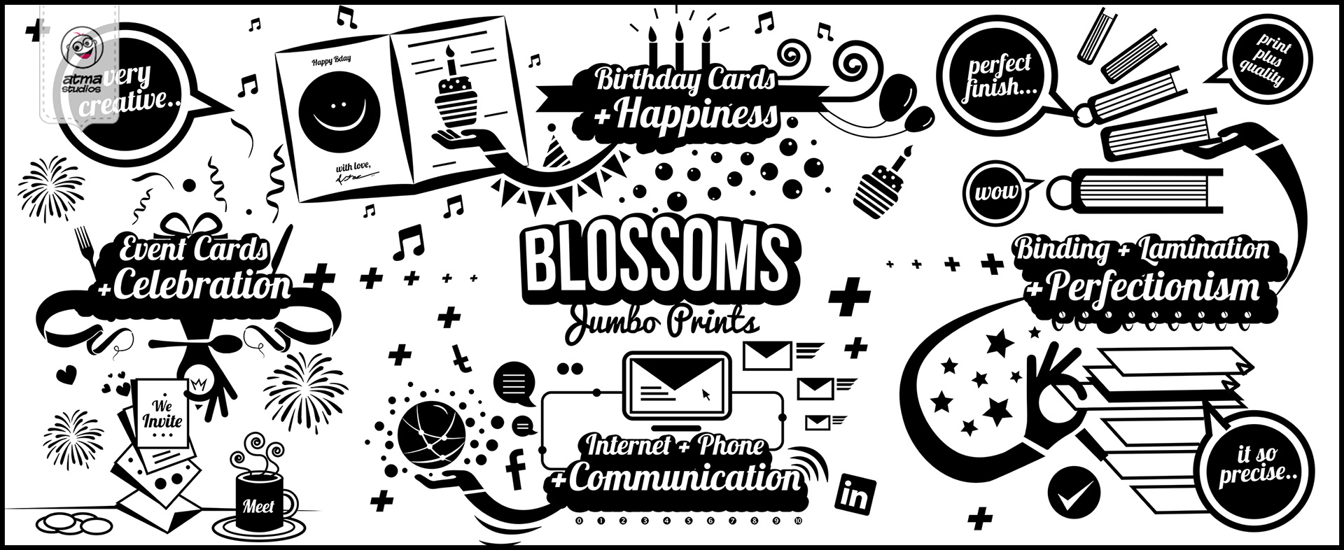 Bangalore office space interior brand illustrations: black and white doodle wall with Blossoms and company values lettering