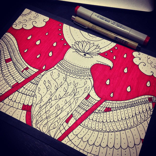 50 contemporary Indian folk art illustrations: #57 Bird pattern in progress