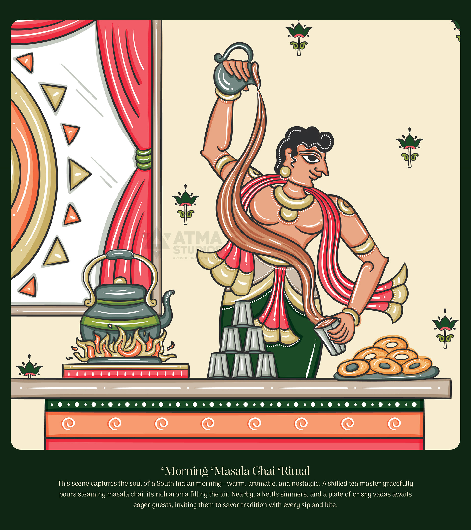 India Spice House restaurant wall art in Cheriyal scroll style, USA: woman pouring masala chai