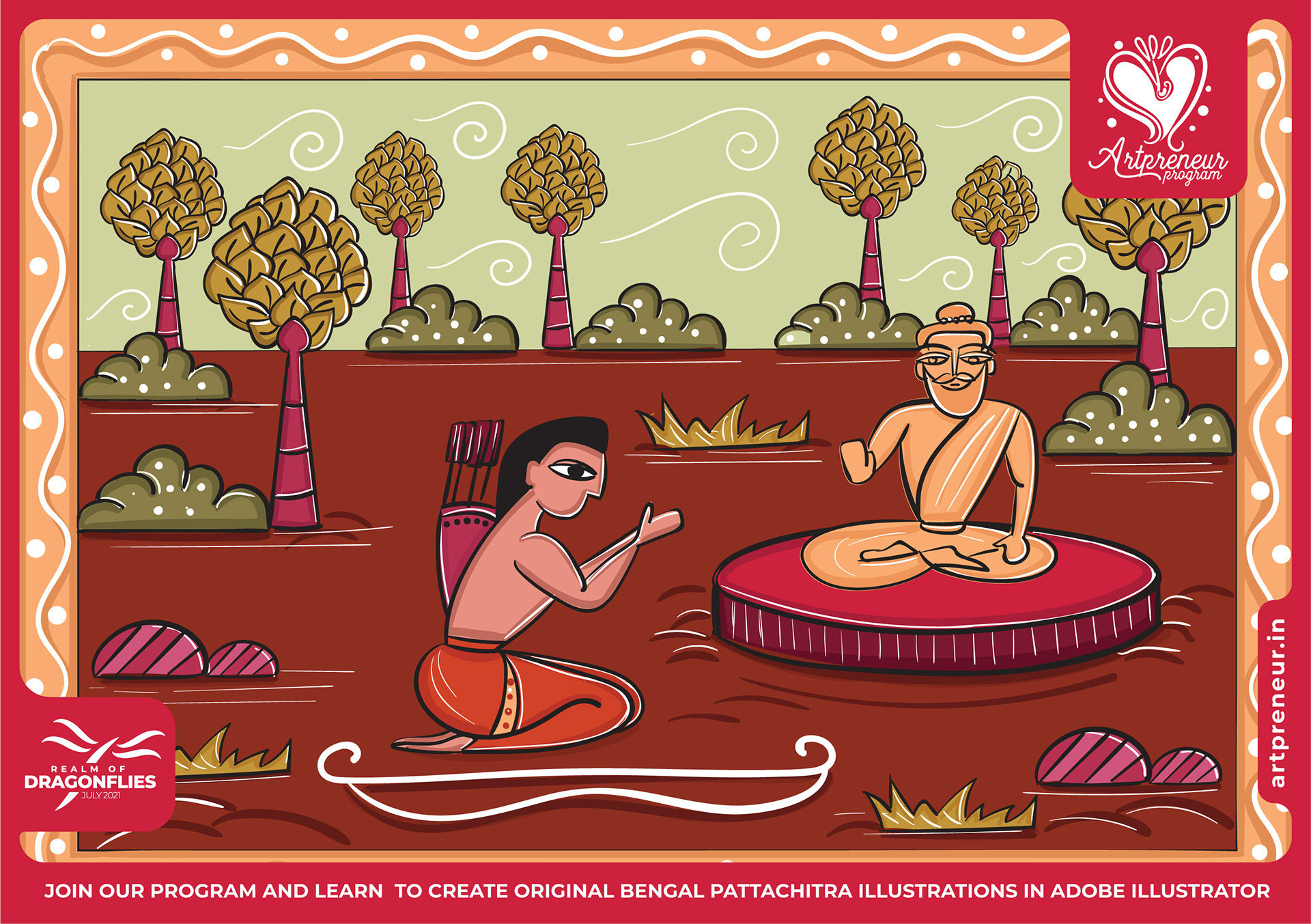 50 Bengal Pattachitra Indian folk illustrations: #16 Sages by a sacred fire