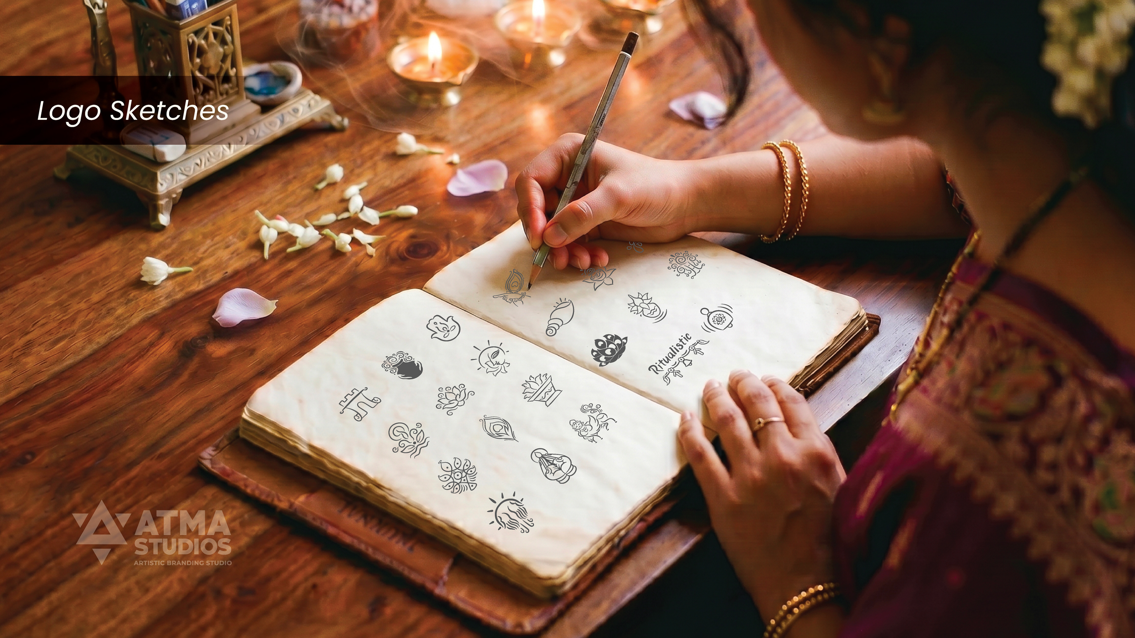 Ritualistic mindful essentials brand: hand drawing logo sketches in a notebook