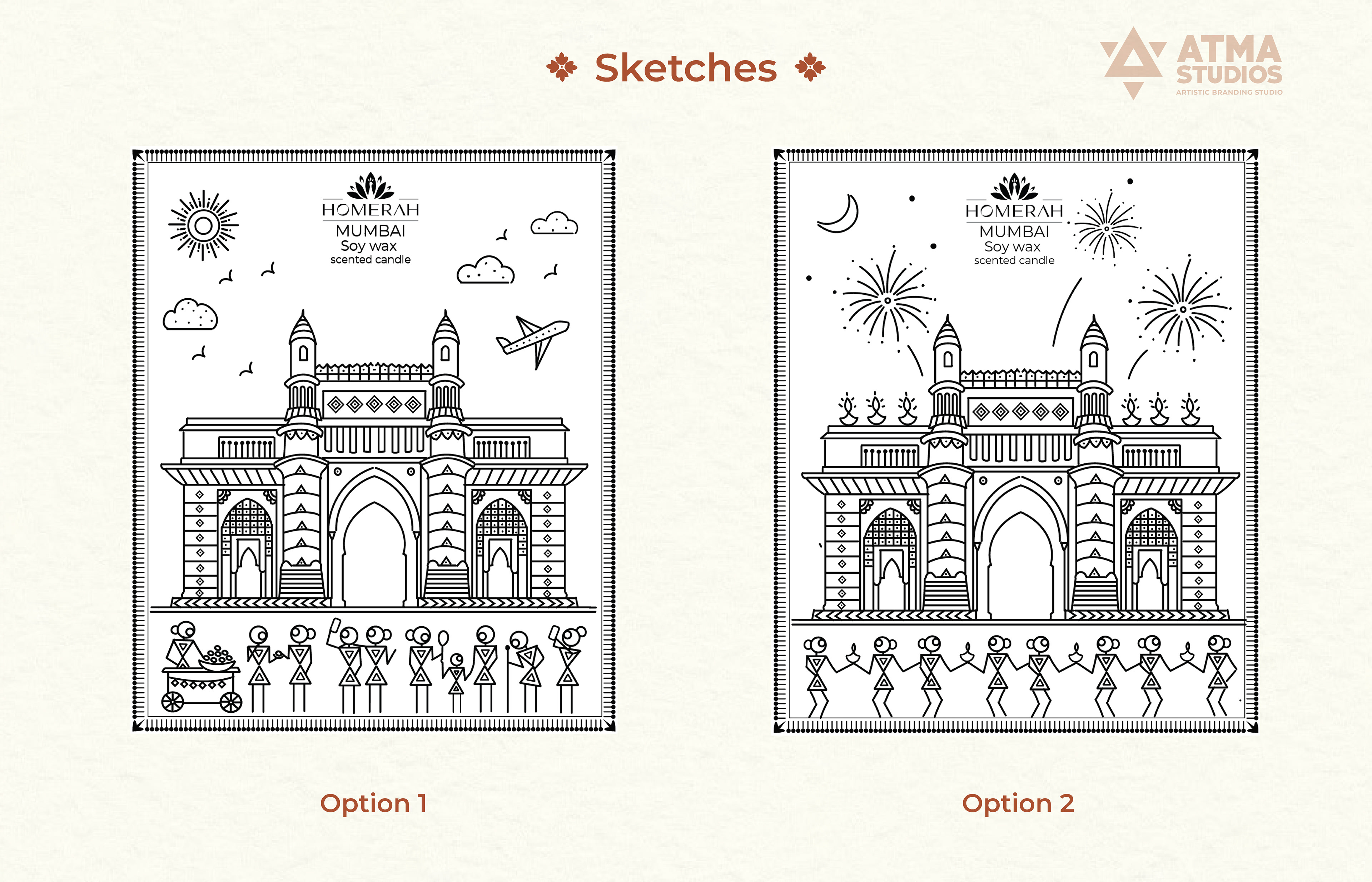 Homerah premium lifestyle candle and incense package design: Mumbai label sketches, two options