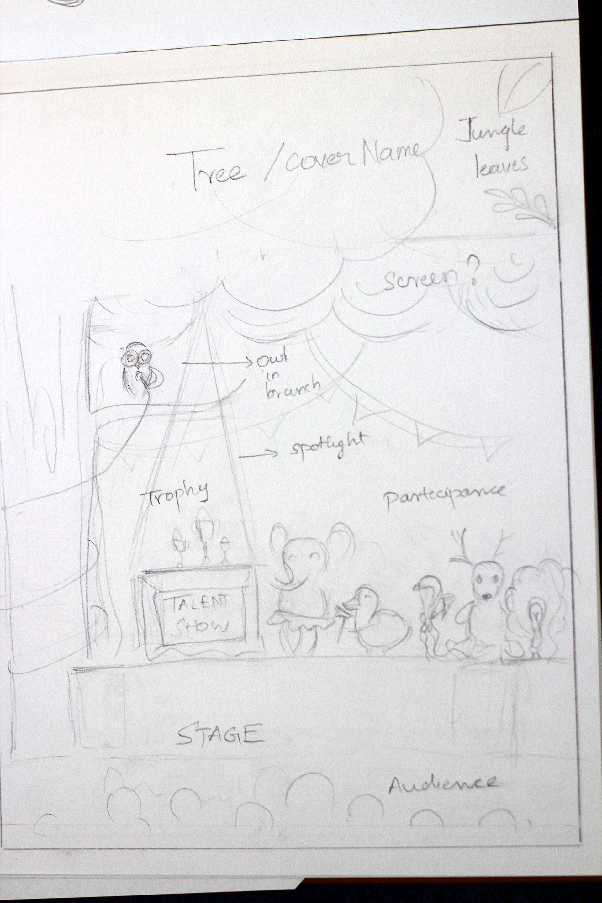 The Missing Prizes children's book: pencil layout of the stage scene