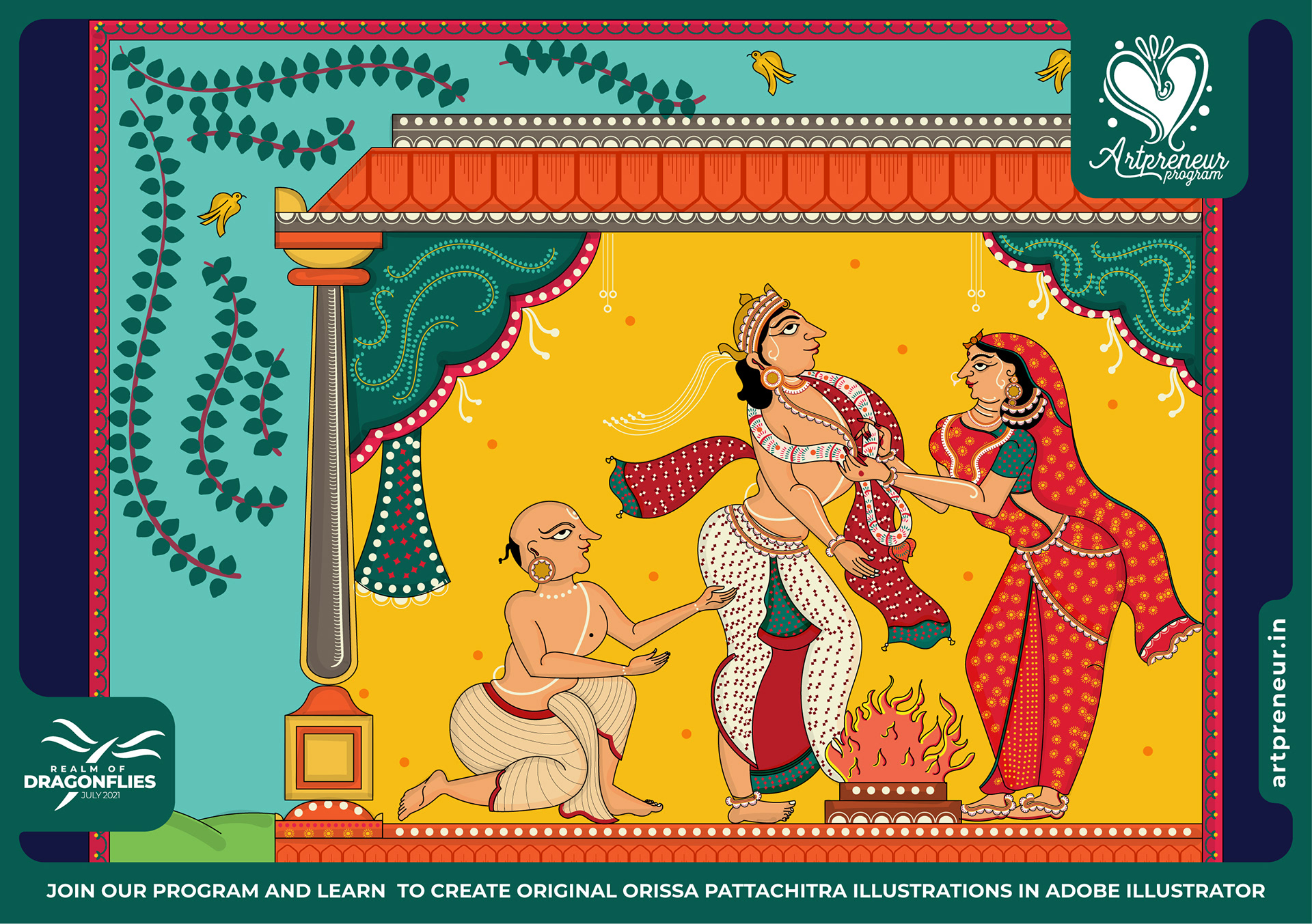 30 Orissa Pattachitra Indian folk illustrations: #13 Royal court scene