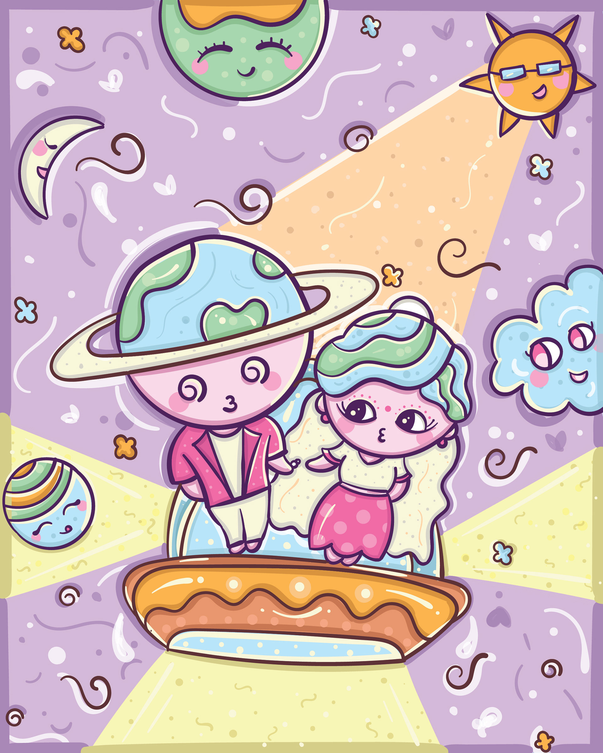 Kawaii gratitude series: pastel doodle of friends riding a flying saucer among planets
