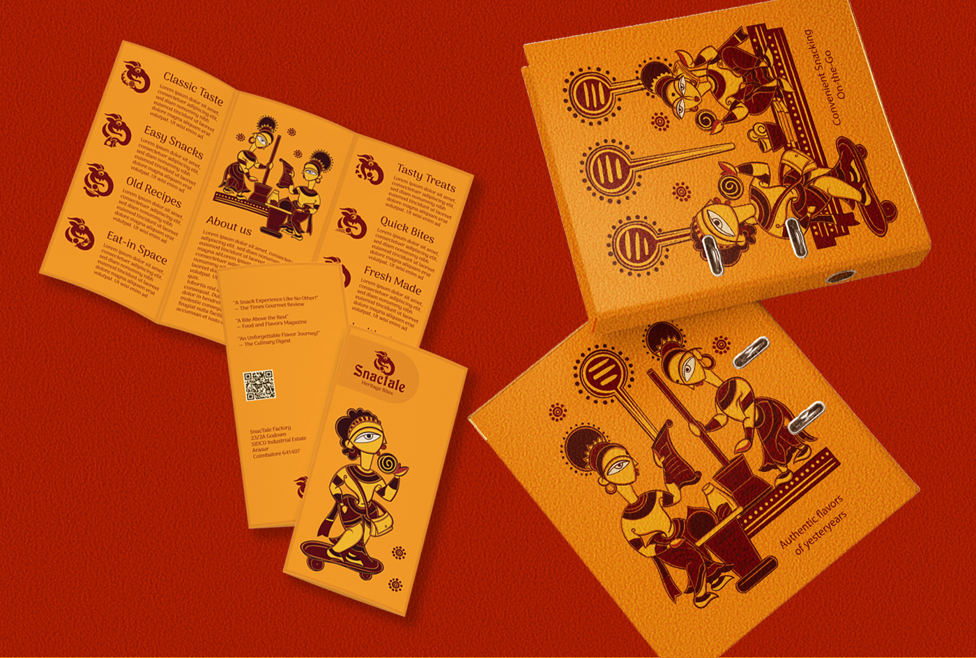 Snactale heritage snack bistro brand: illustrated menus and brochures