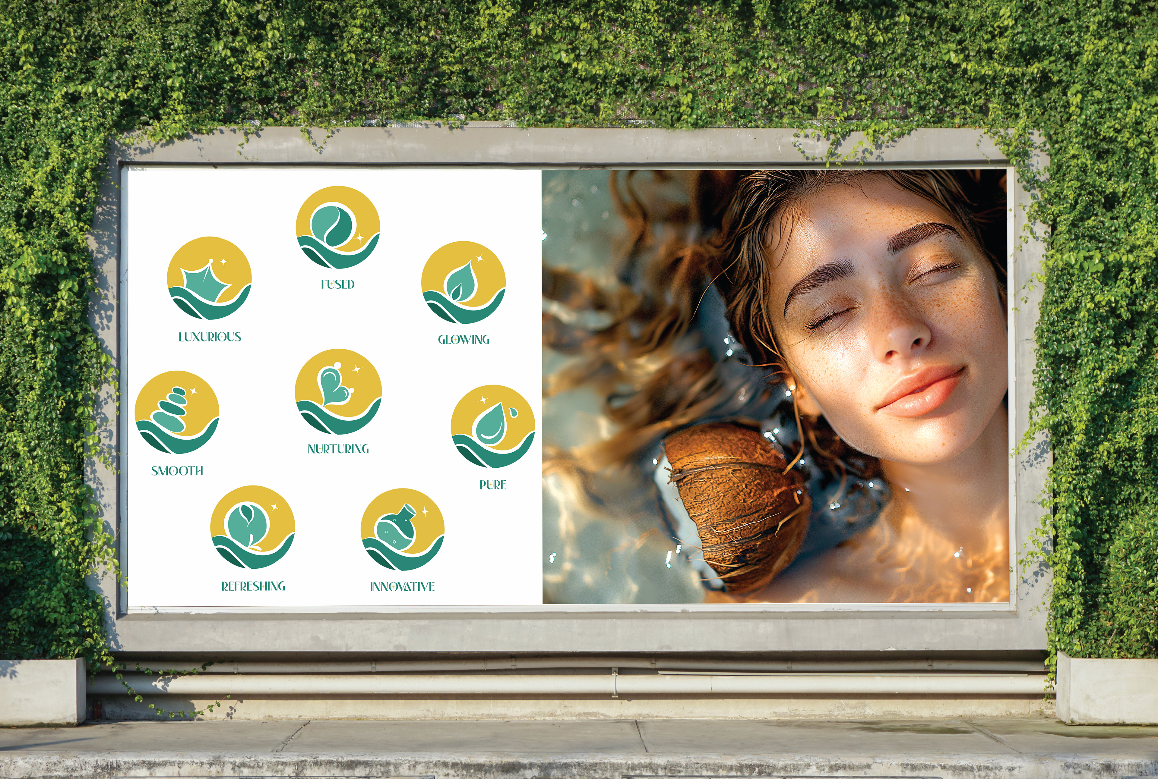 Zyra coconut skincare brand: billboard with logo pattern and a woman with coconut hair