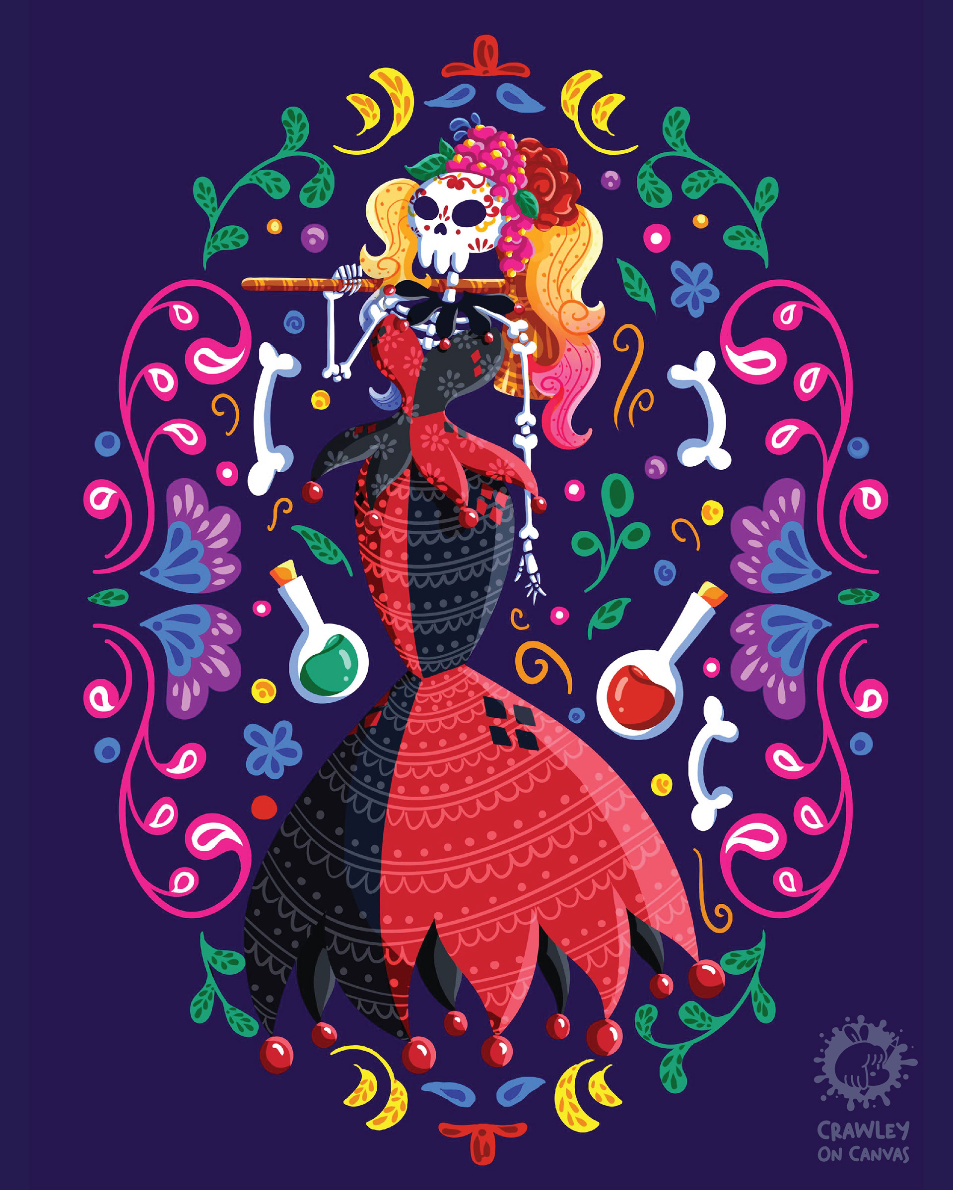 Pop culture heroines in Día de los Muertos style: #4 Blonde heroine in a red and black dress with potions