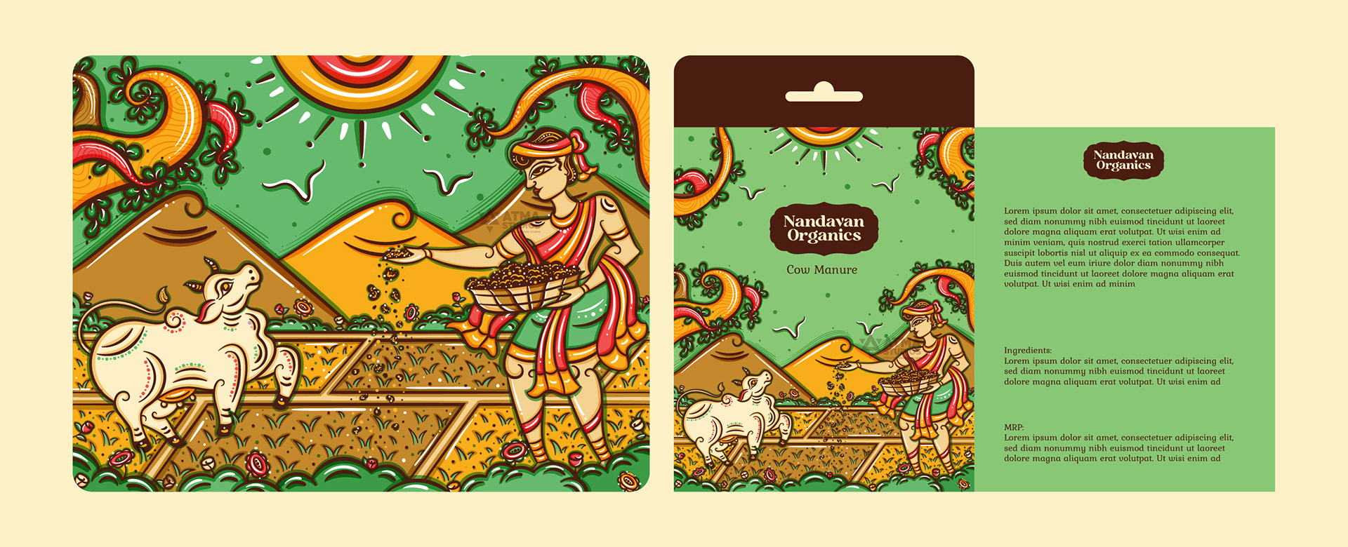 Nandavan Organics package illustrations in neo Bengal folk art: cow manure package dieline