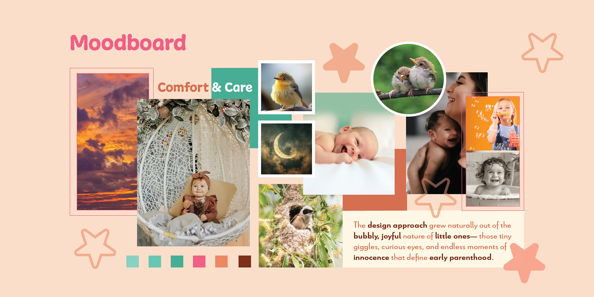 Cozycoon baby skincare brand: moodboard of babies, nature and comfort