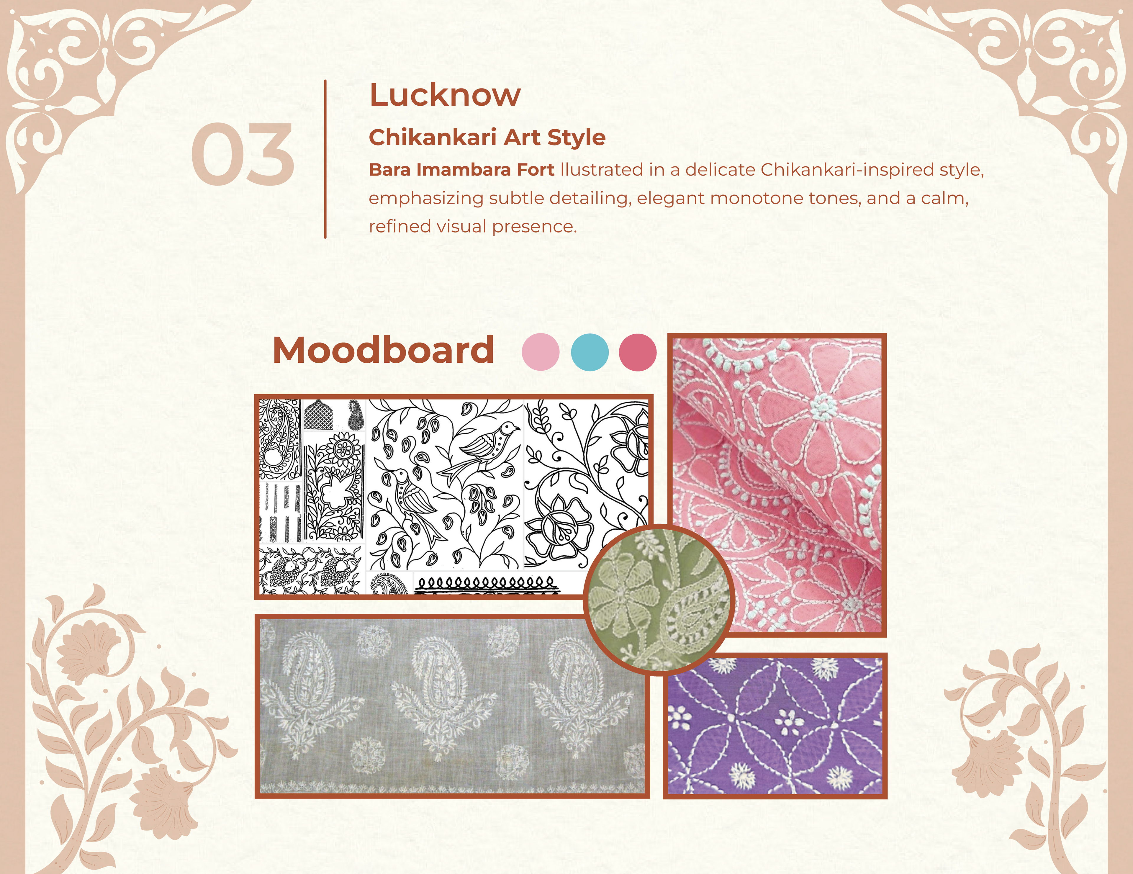 Homerah premium lifestyle candle and incense package design: 03 Lucknow in Chikankari art style, moodboard