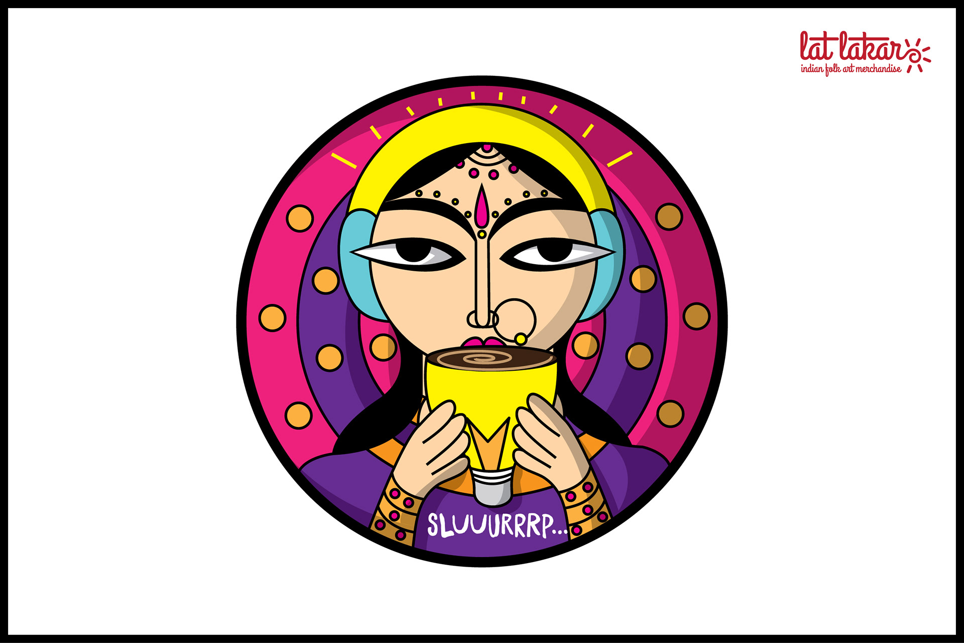 Lat Lakar Indian folk art merchandise: goddess face badge illustration