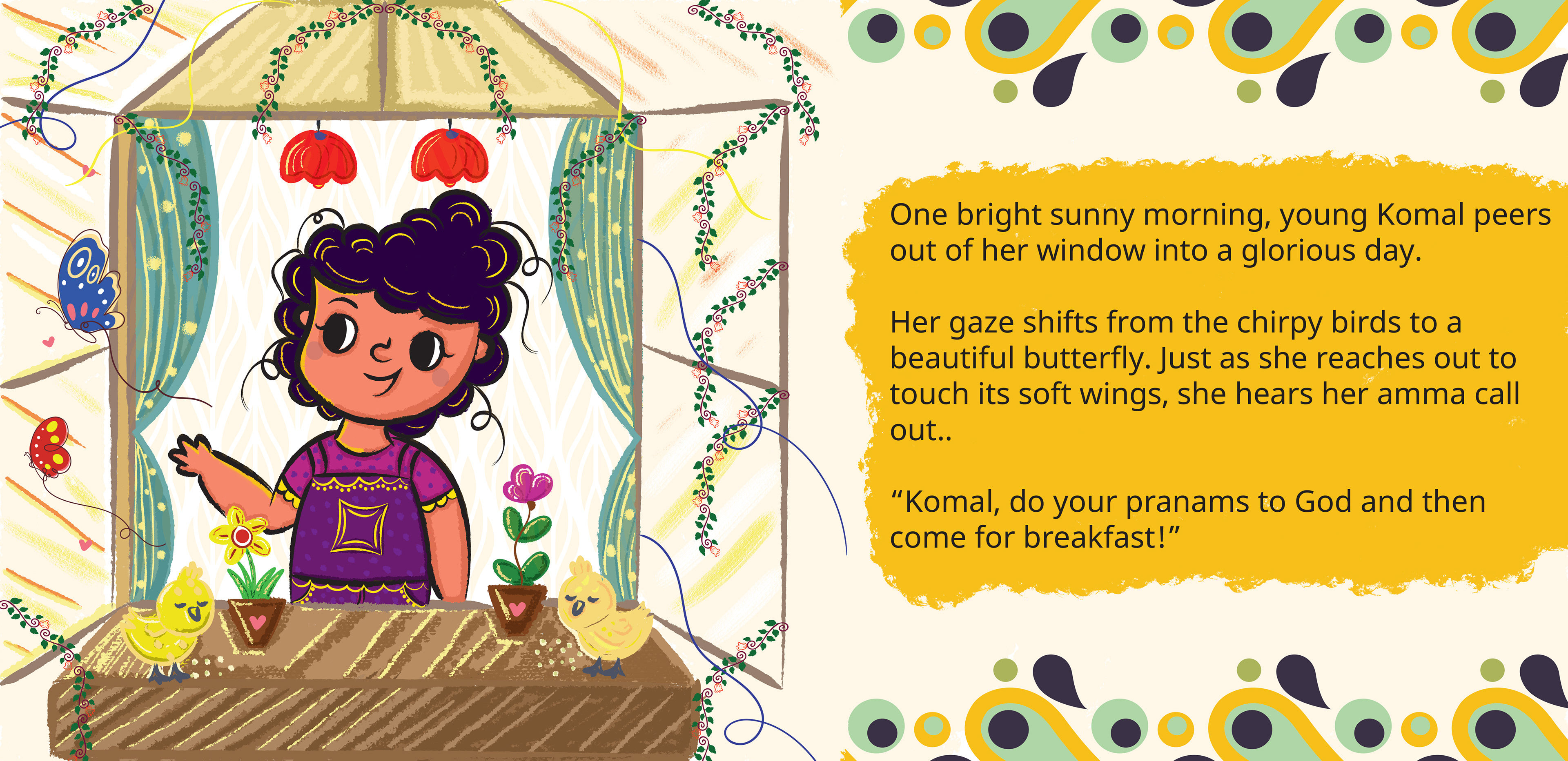 Why Can't I See God? children's book by Kavitha Amarnath: spread of Komal at a window with a butterfly