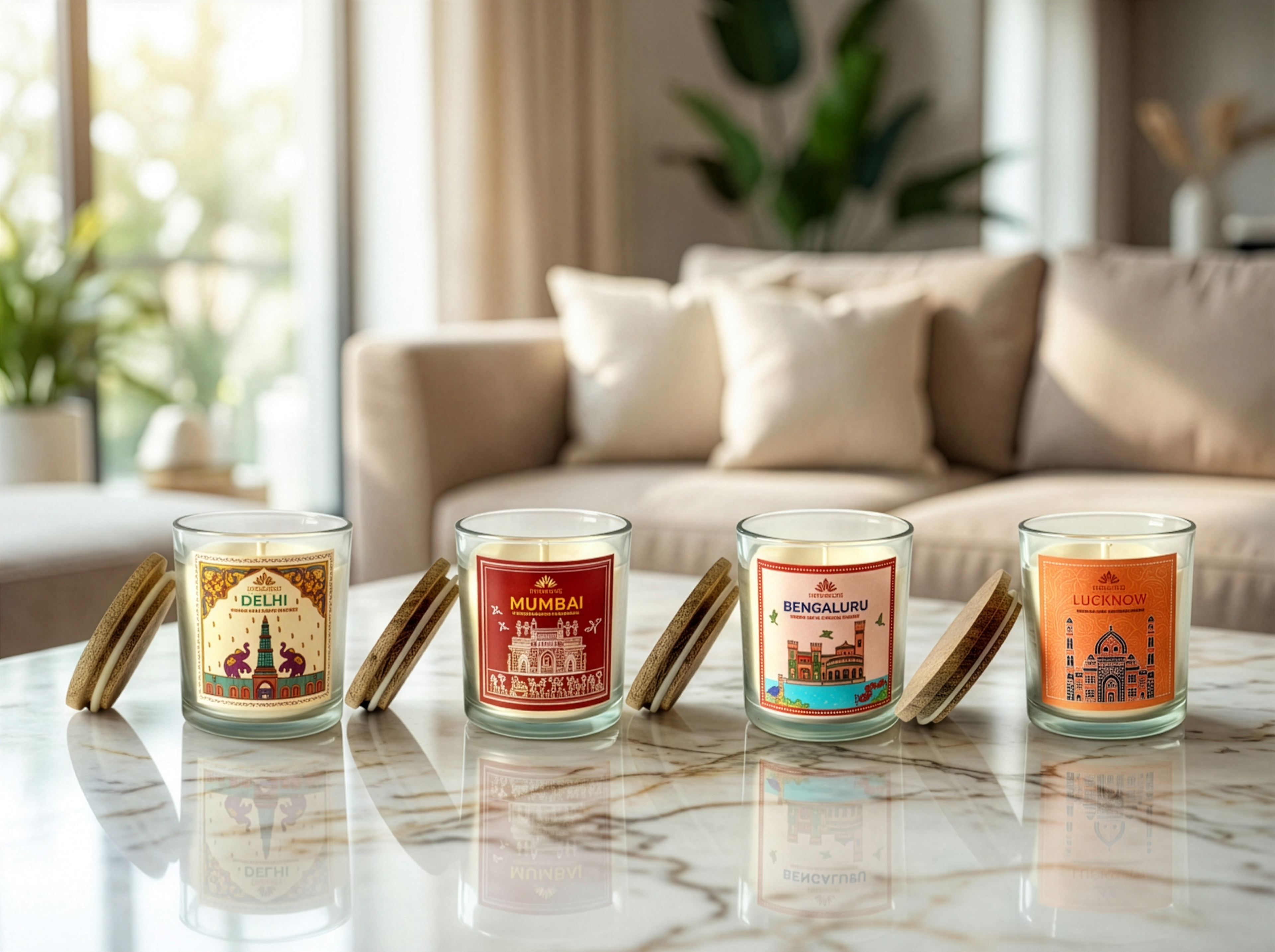 Homerah premium lifestyle candle and incense package design: four city candle jars on a marble table