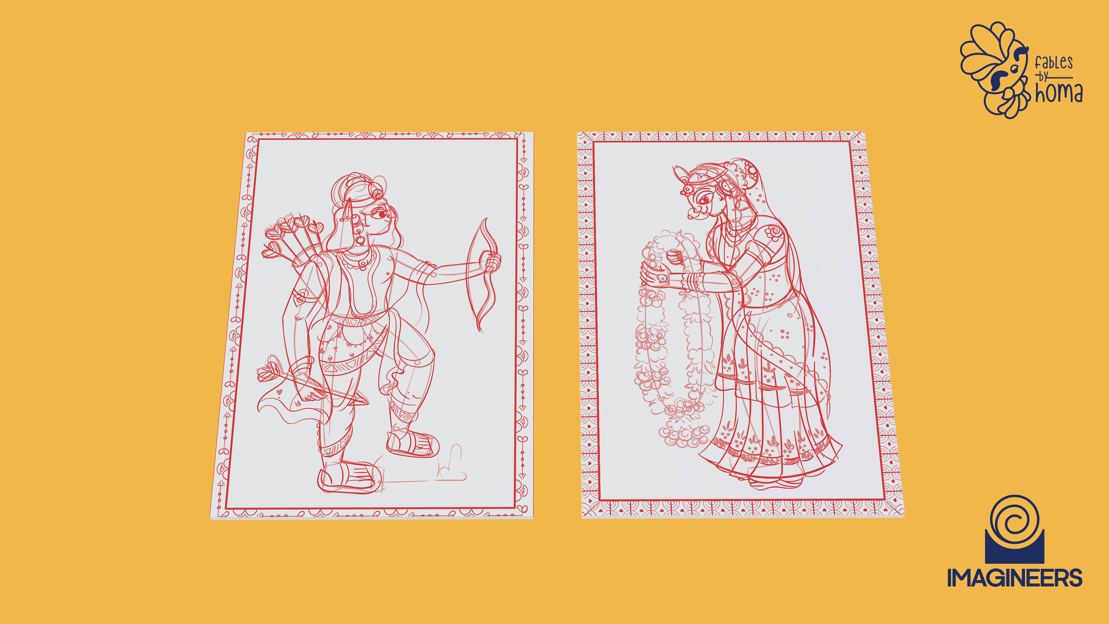 Epiphany Madhubani experimental illustrations: #34 Two finished inked figure prints