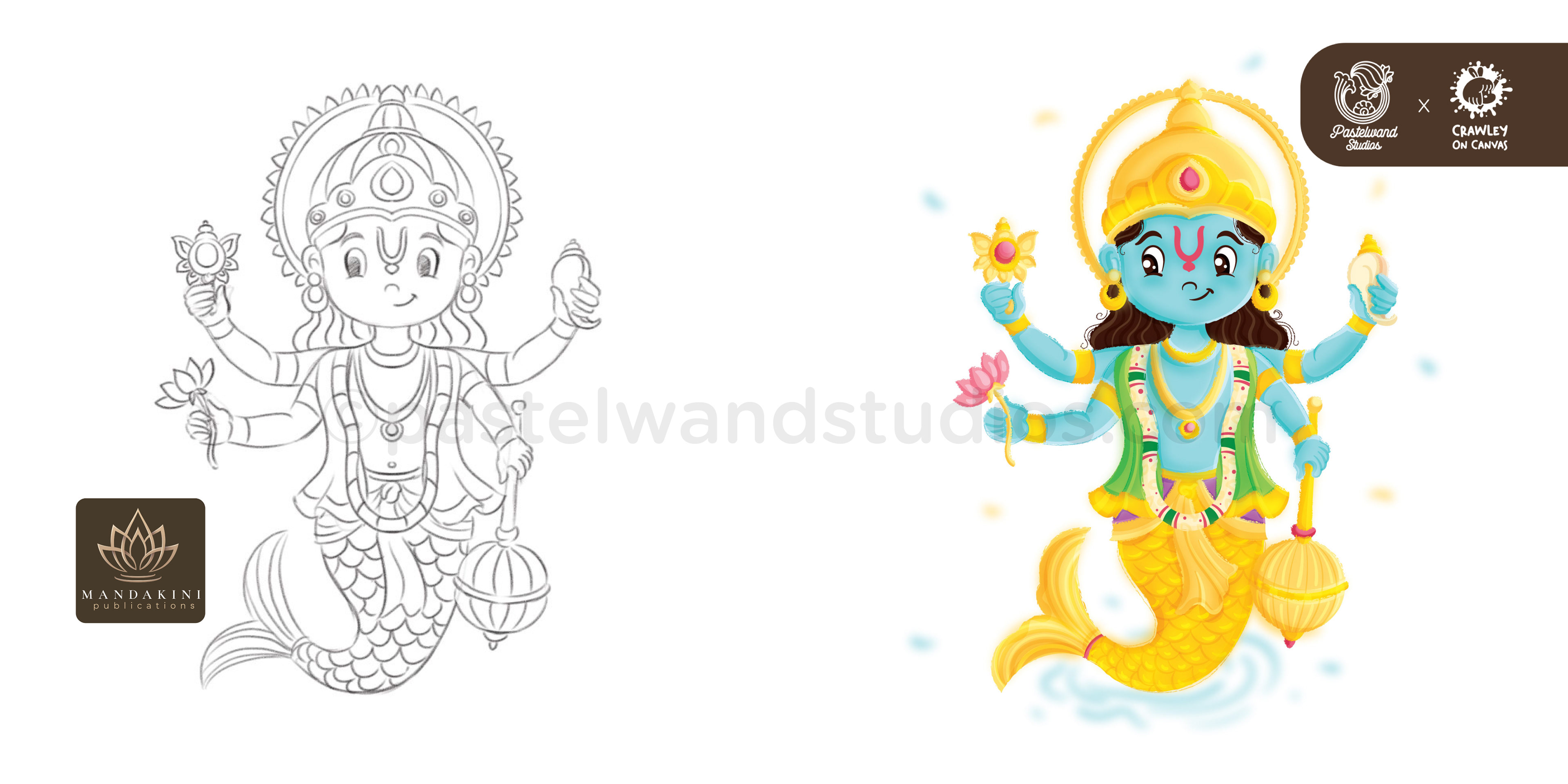 Krishna's Magical ABC children's book: sketch and colour of Vishnu in a yellow robe