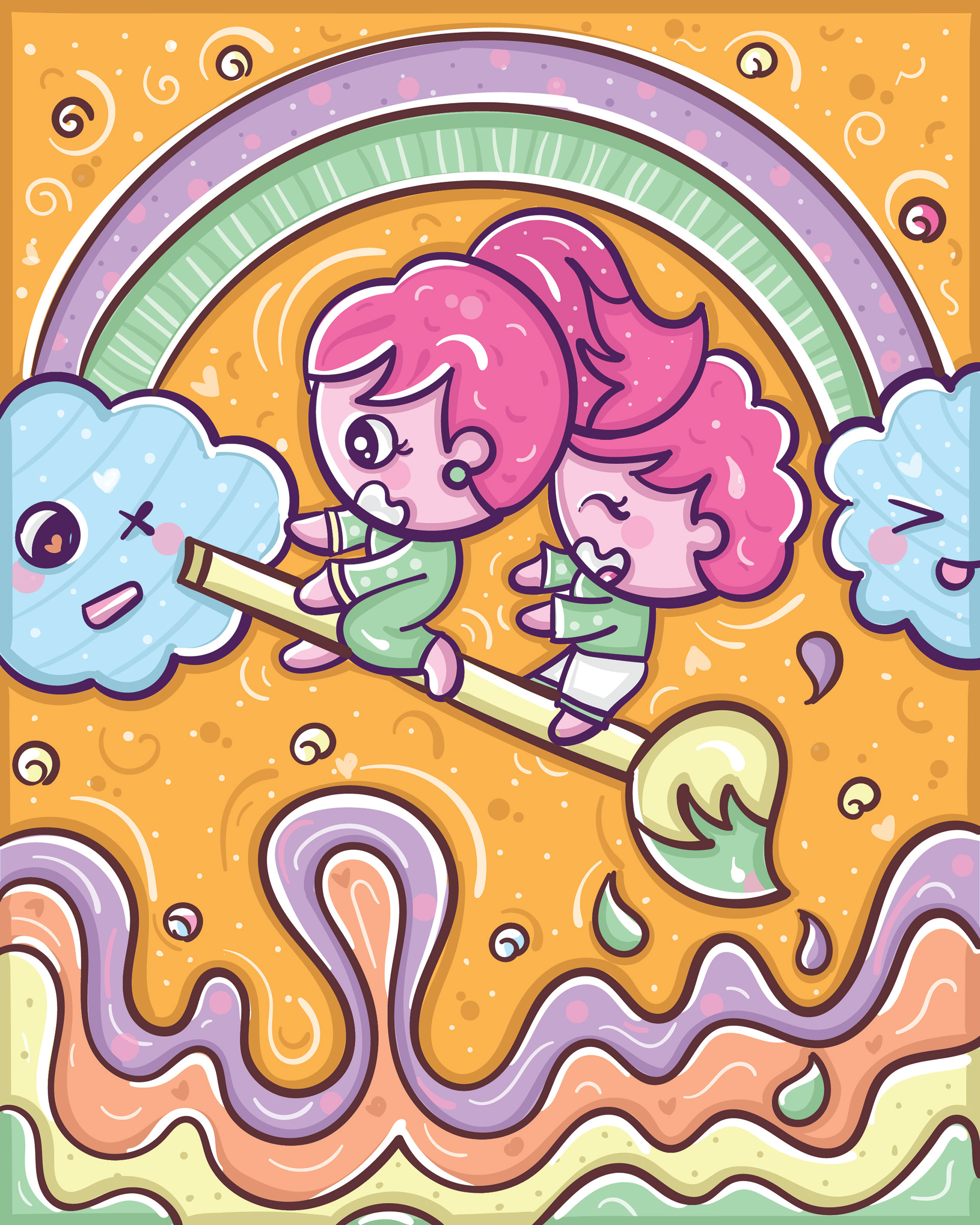 Kawaii gratitude series: pastel doodle of friends sliding on a rainbow paintbrush