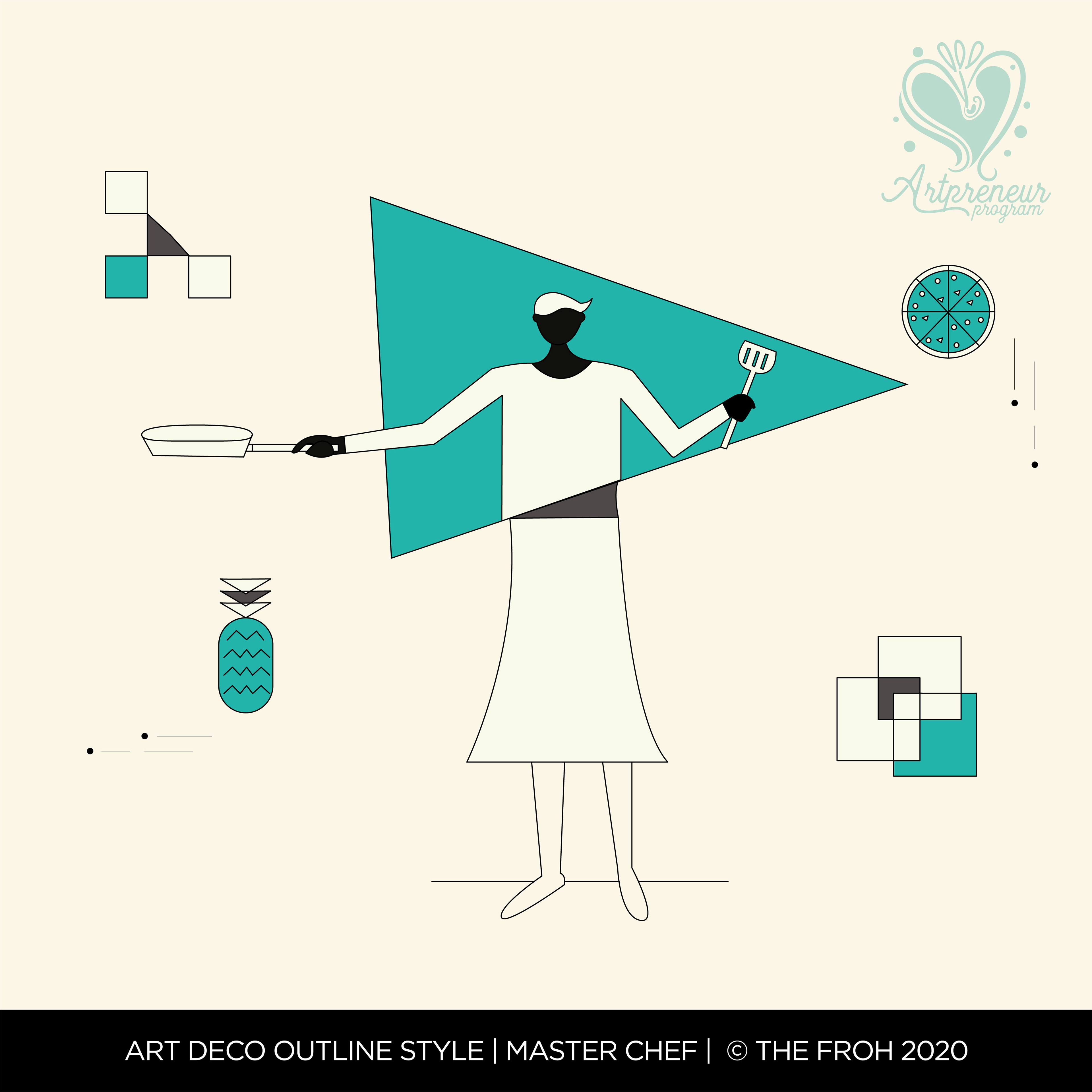 12 dimensions of homemakers in Art Deco outline: #1 Homemaker as master chef, Art Deco outline illustration, Atma Studios portfolio