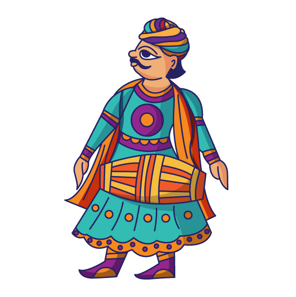 Kesar sweet shop space branding in Phad painting style: Phad character: a drummer in a turban