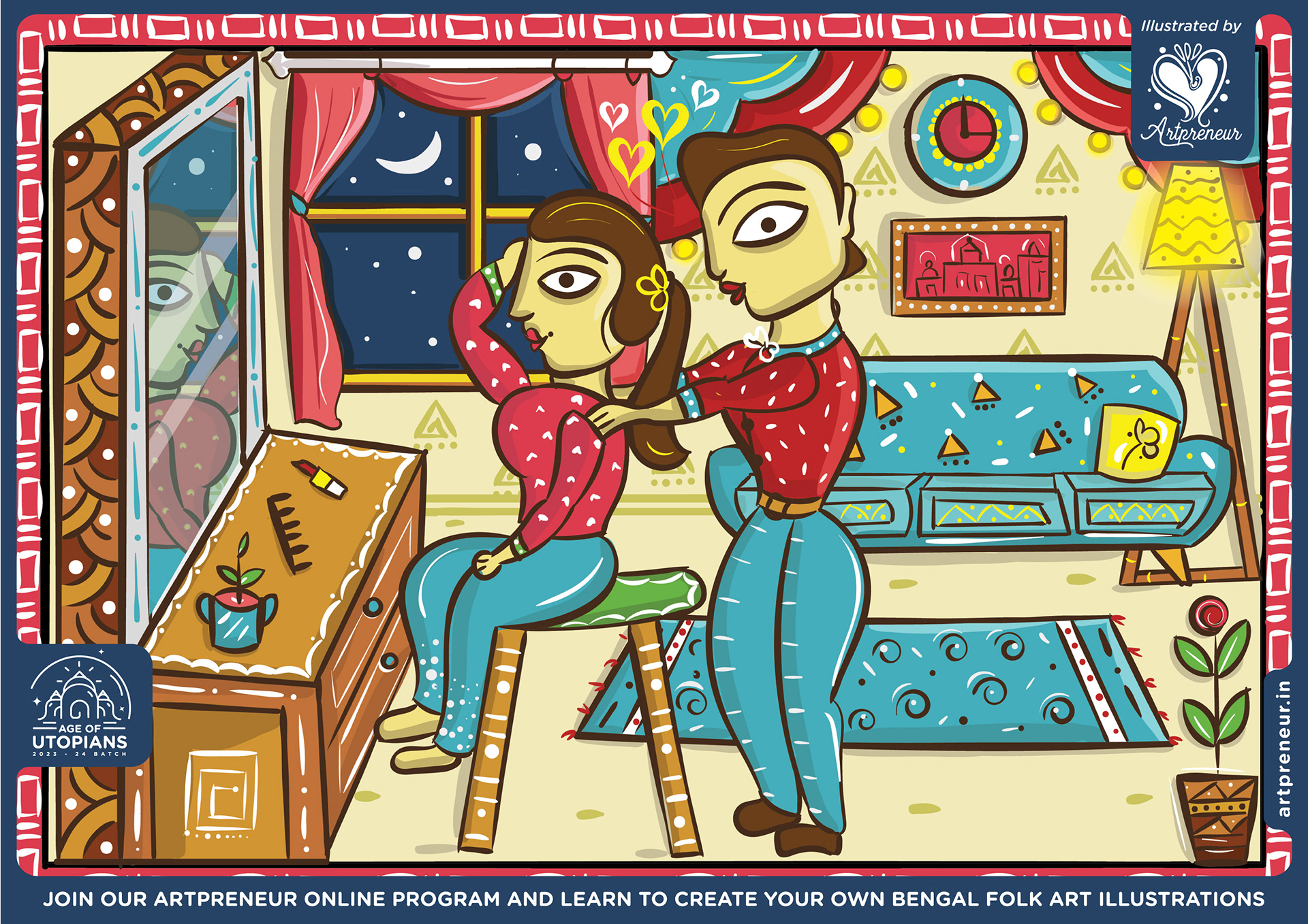 50 contemplated Bengal folk art illustrations: #20 Couple in a living room