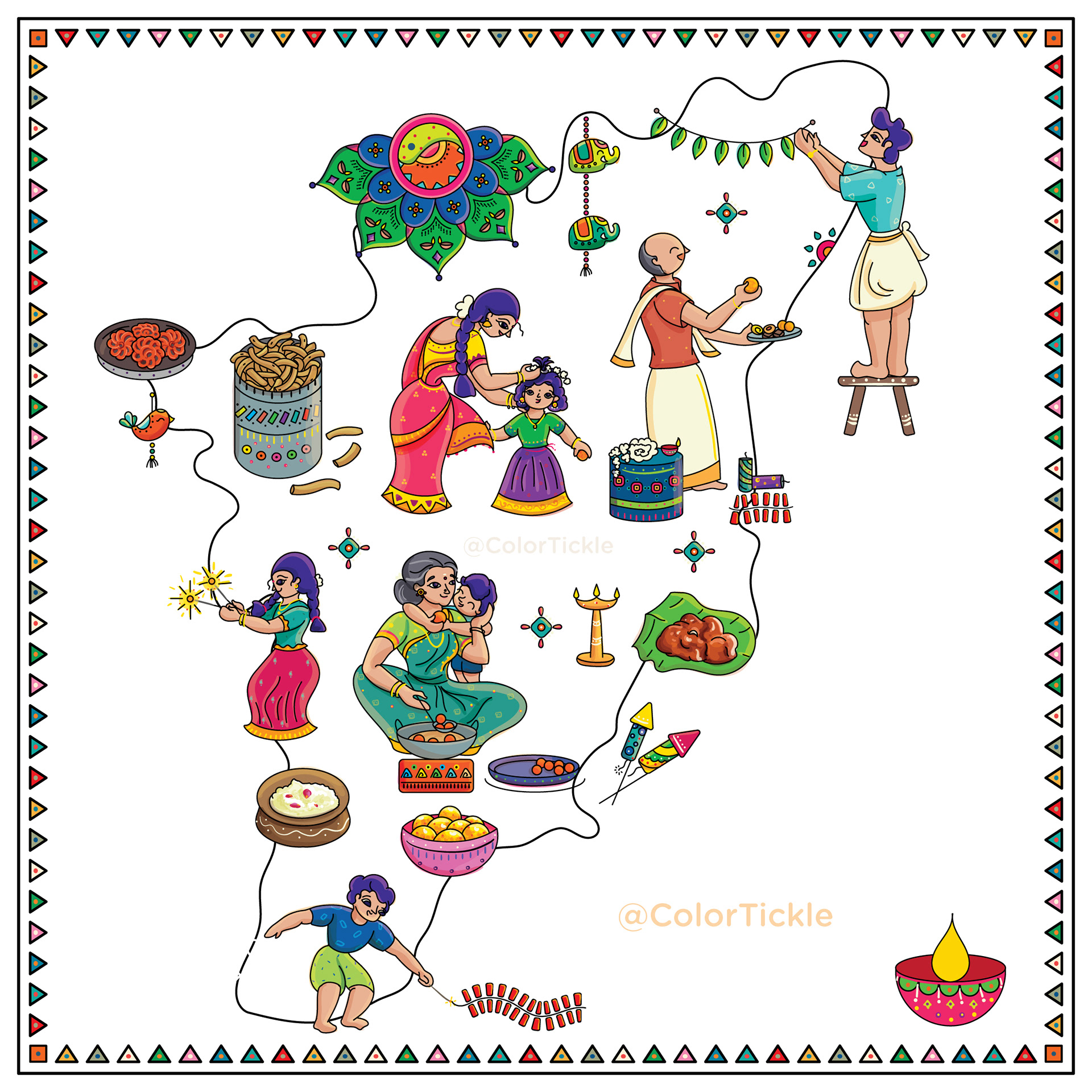 Sweet Kadai Diwali package illustration: Tamil Nadu map illustrated with Diwali celebrations, package illustration by Atma Studios