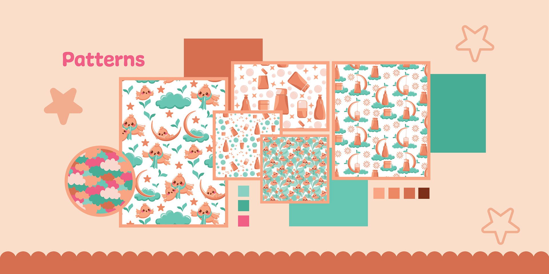 Cozycoon baby skincare brand: brand patterns of clouds, birds and leaves