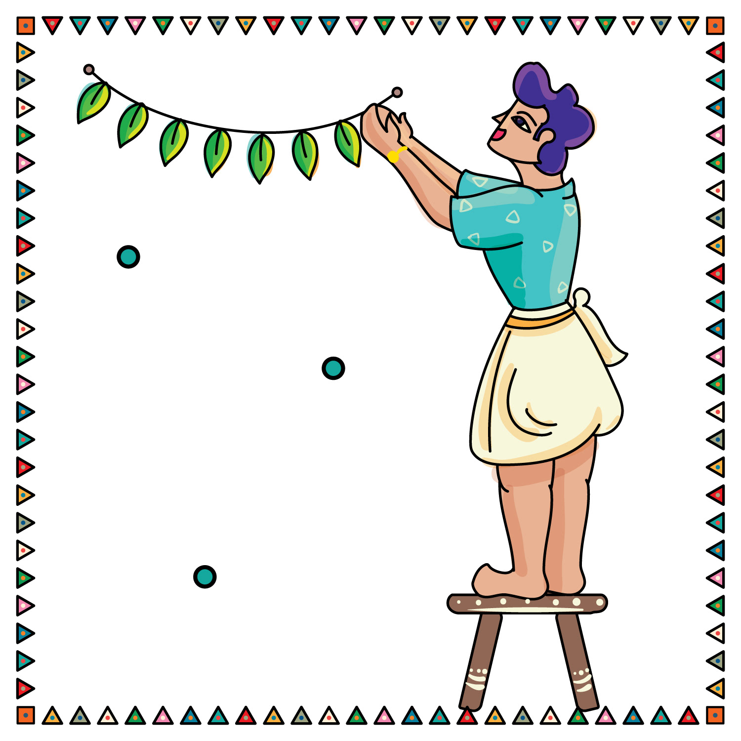 Sweet Kadai Diwali package illustration: woman hanging a mango leaf garland