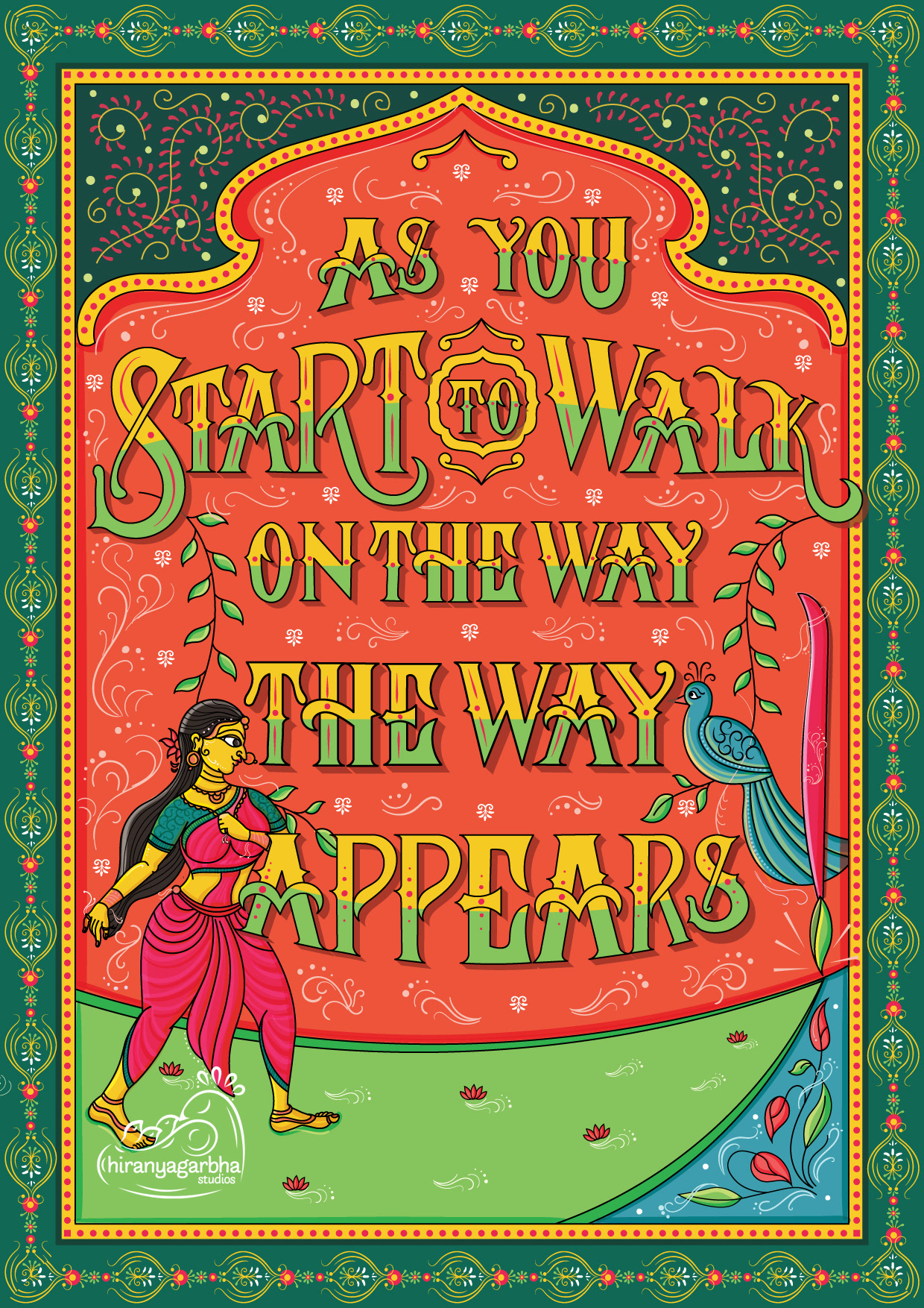 Rumi's destiny quote illustrative lettering: final artwork with a woman walking among peacocks under an arch