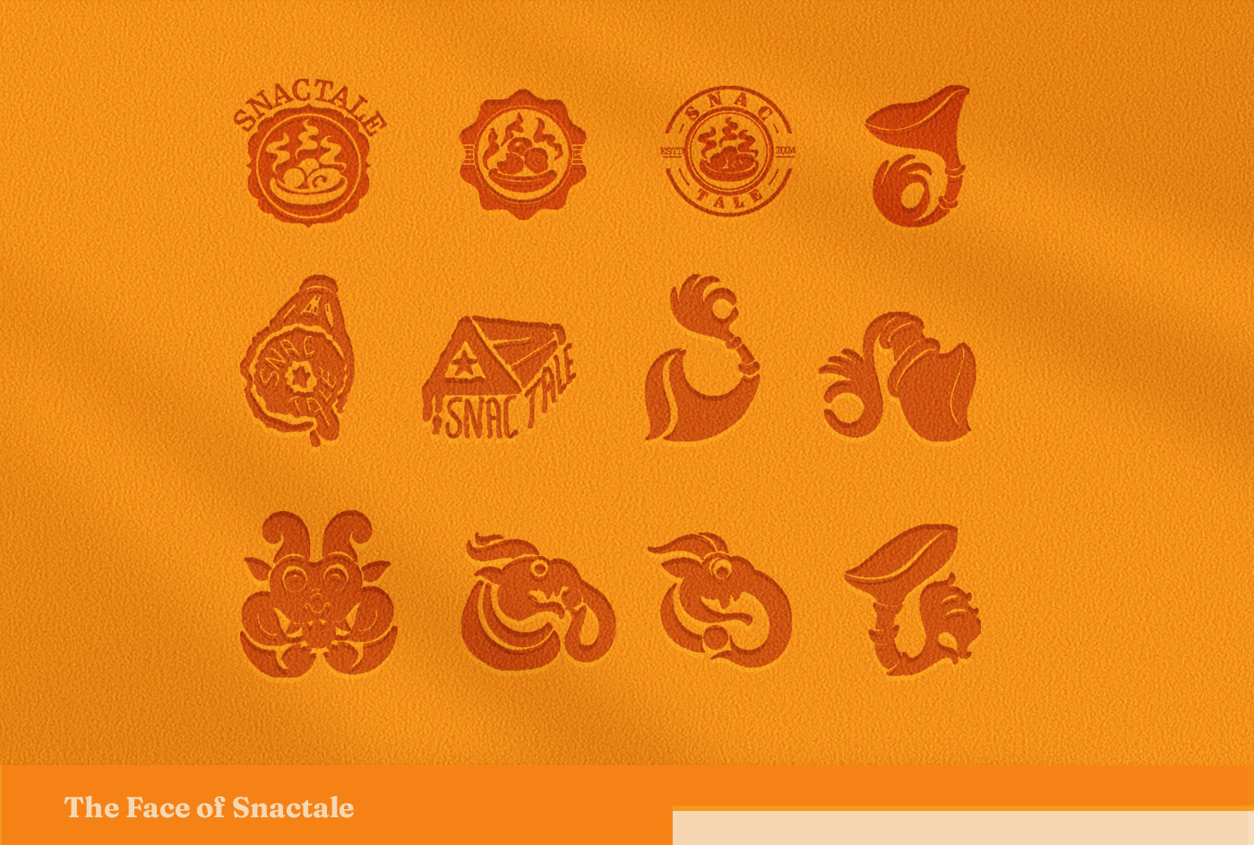 Snactale heritage snack bistro brand: logo exploration sheet of twelve sketches