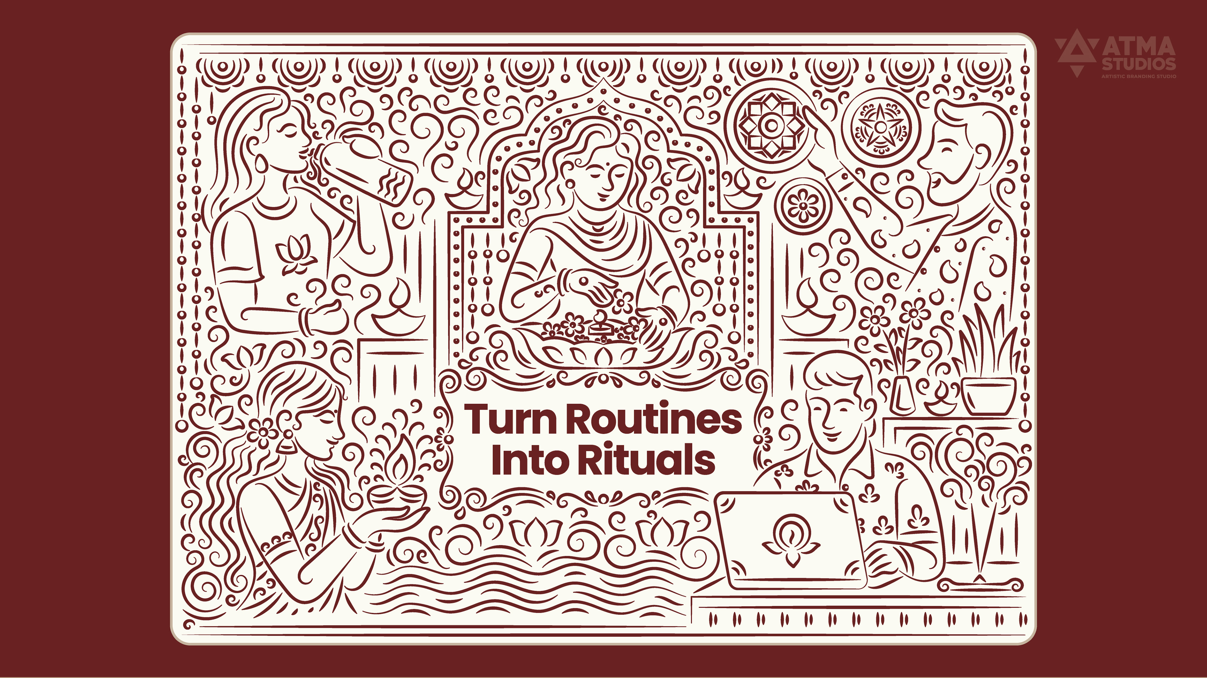 Ritualistic mindful essentials brand: line illustration with the phrase Turn Routines into Rituals