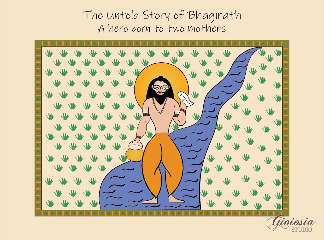 The Untold Story of Bhagiratha, illustrated mythological fiction: title page with Bhagiratha beside the river Ganga, illustration by Atma Studios