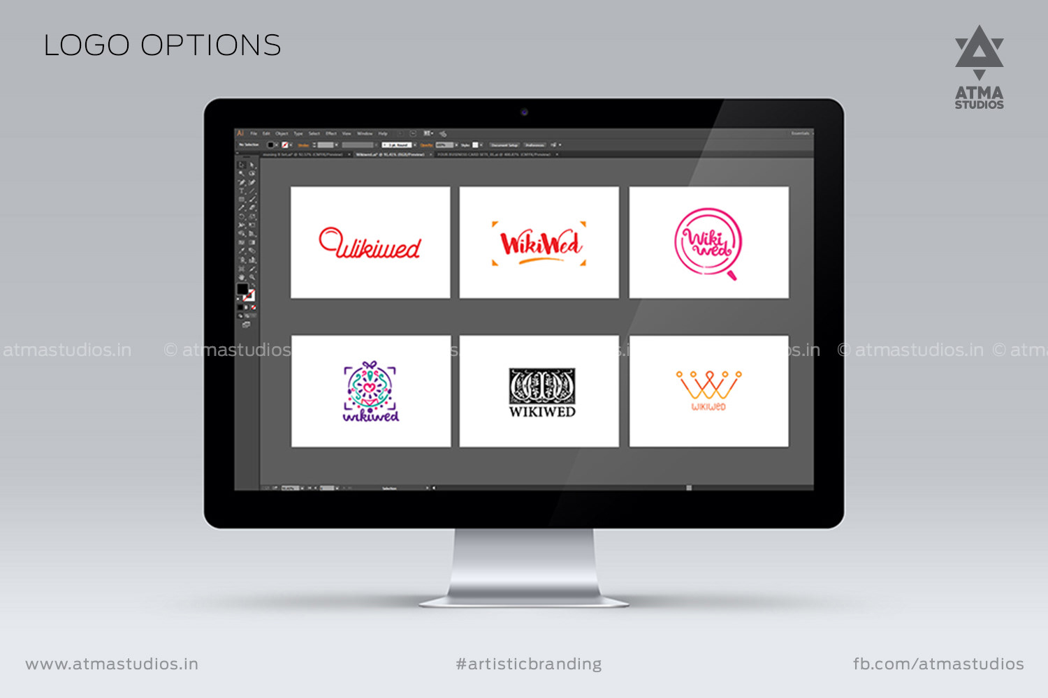 Logo designs 2016 by Atma Studios: Wikiwed logo options on a desktop screen
