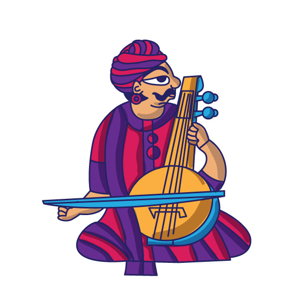 Kesar sweet shop space branding in Phad painting style: Phad character: a man playing a stringed instrument