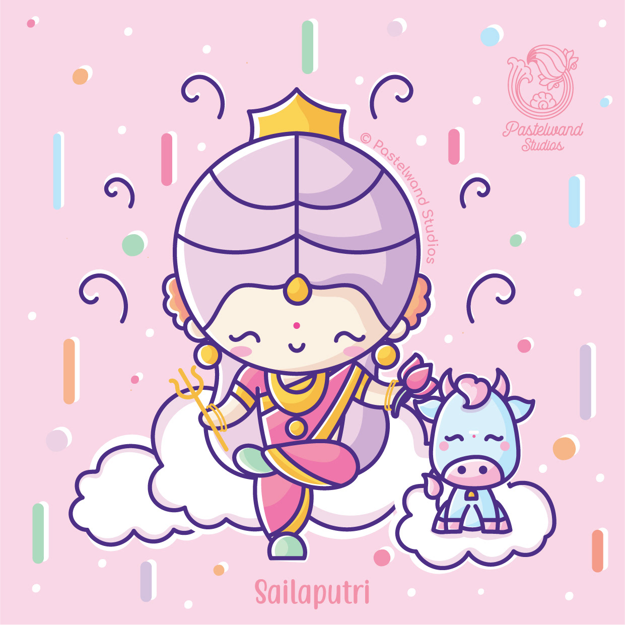 Navadurga kawaii series: #1 Goddess Shailaputri, cute kawaii illustration by Atma Studios