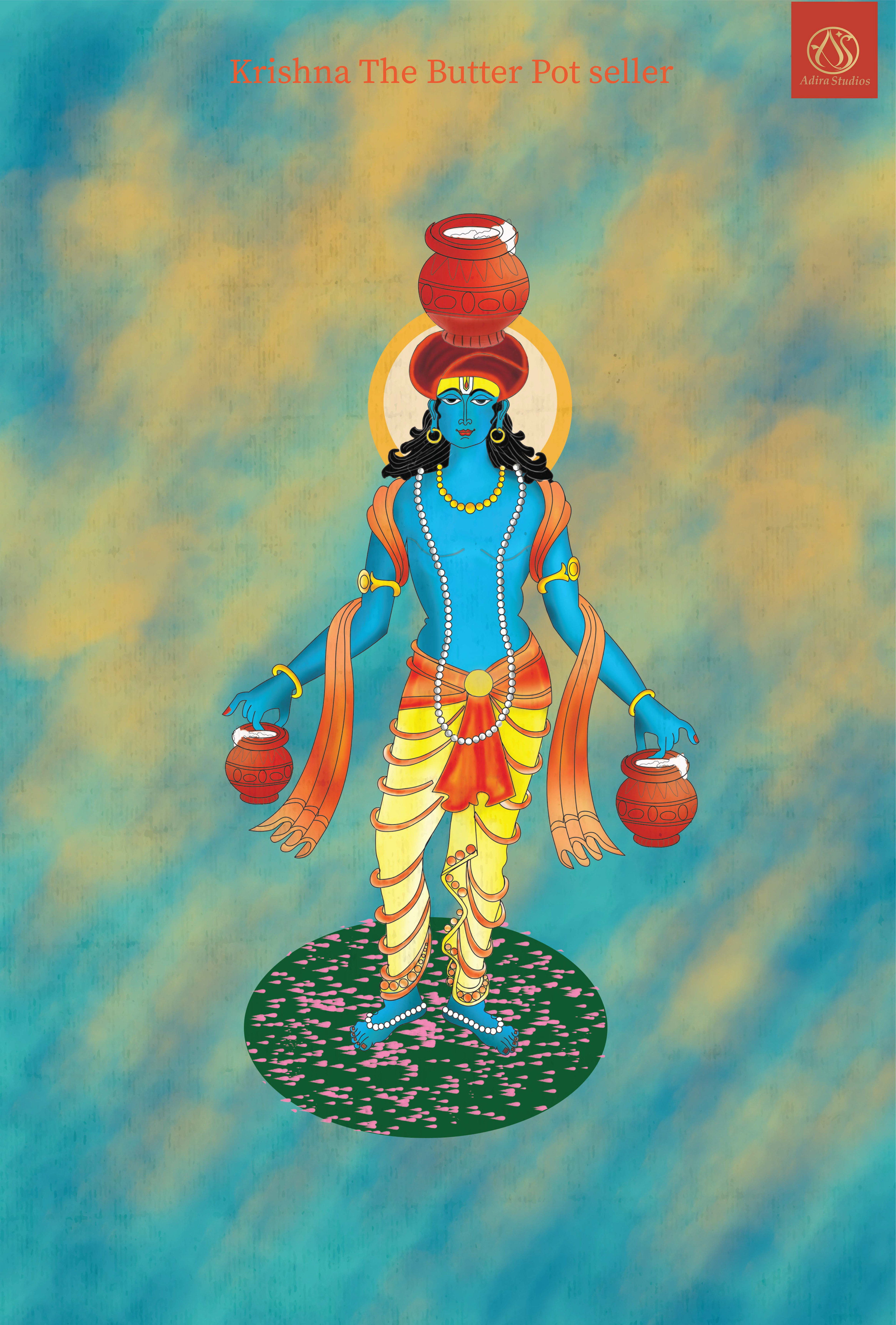 Creative Creatures, Tamil character illustrations: Krishna carrying butter pots in watercolour