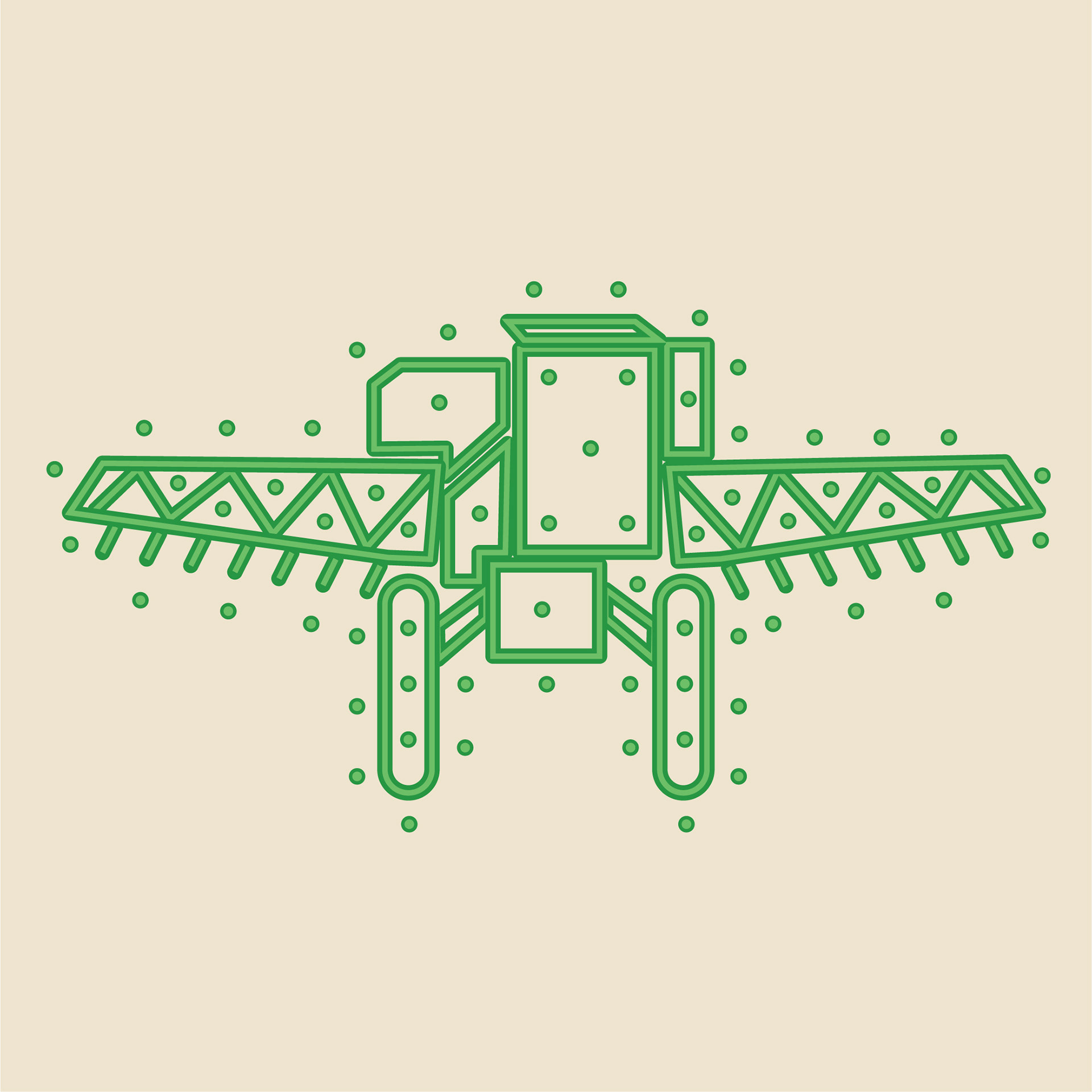 Mandana folk art inspired farm icon: crop sprayer icon in green dotted line art