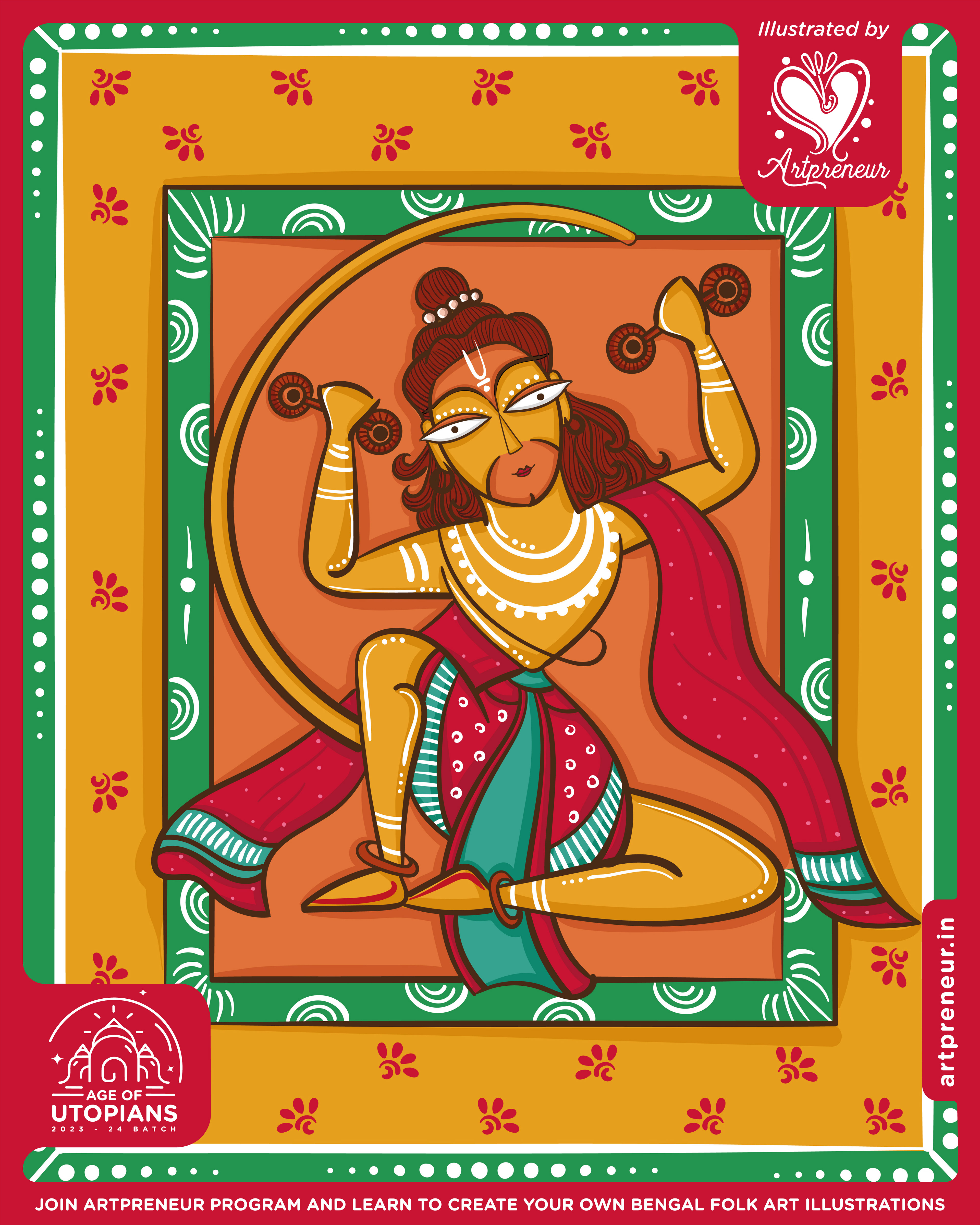 50 contemplated Bengal folk art illustrations: #29 Seated goddess with a halo