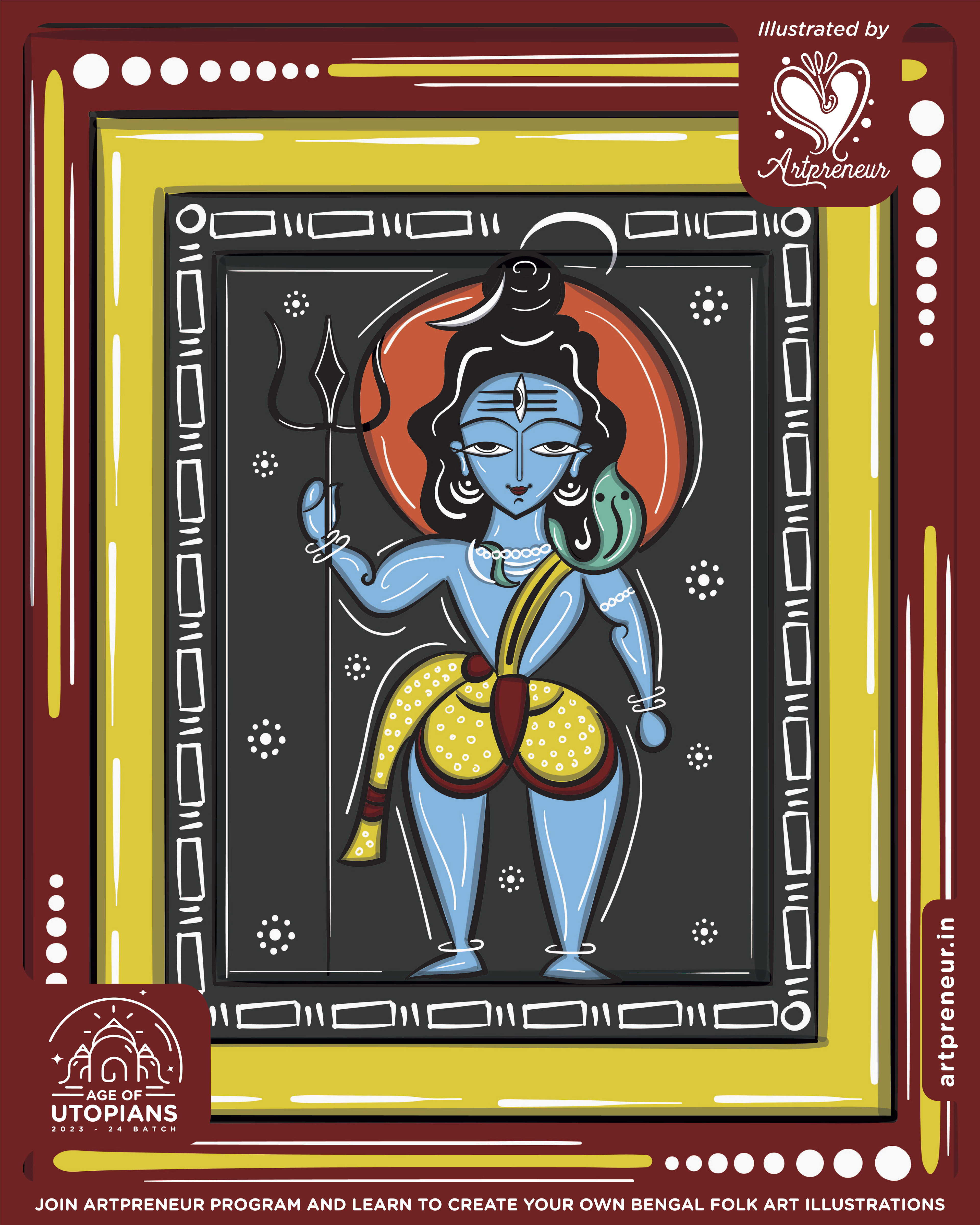 50 contemplated Bengal folk art illustrations: #51 Lord Shiva in a dark frame