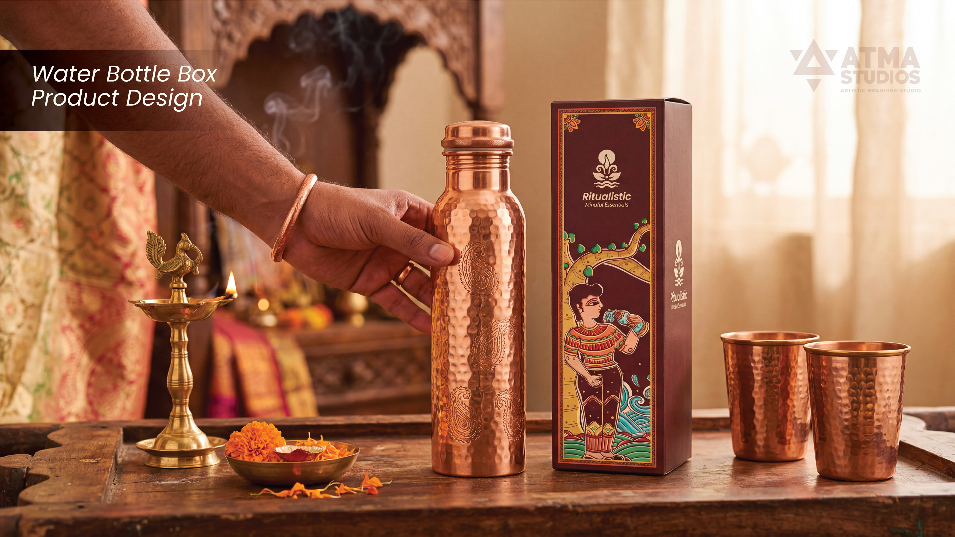 Ritualistic mindful essentials brand: copper water bottle and box packaging mockup