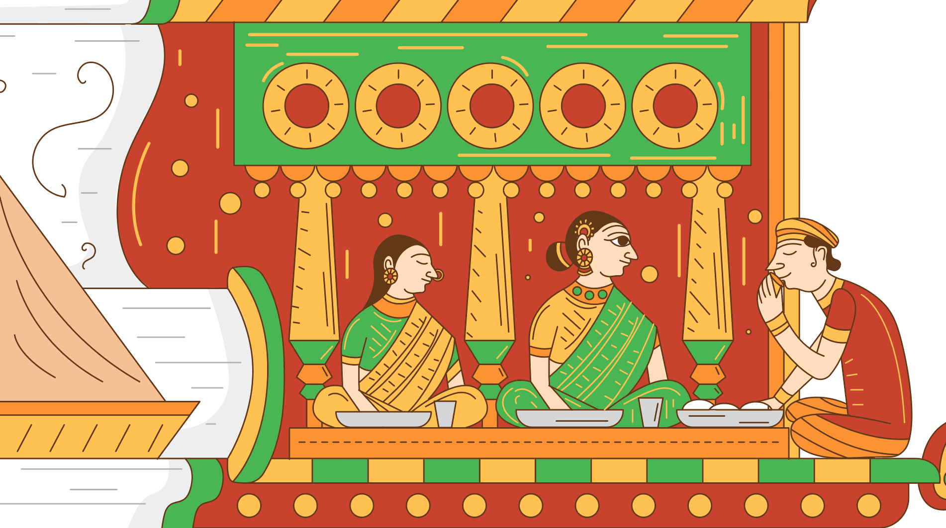 Cheriyal scroll Indian folk art food illustrations: scroll panel 5: diners seated under a temple-pillar arcade