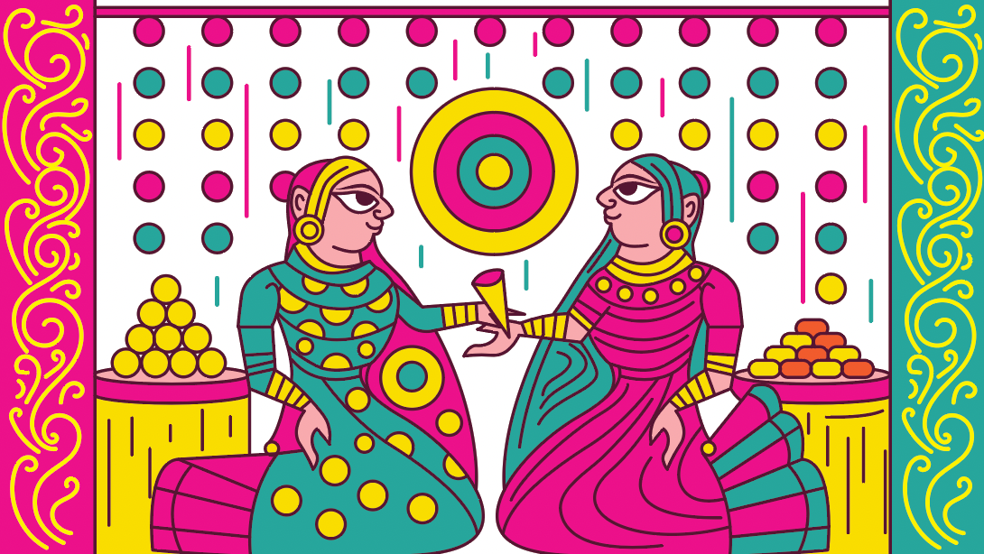 Kesar sweet shop space branding in Phad painting style: women offering sweets panel