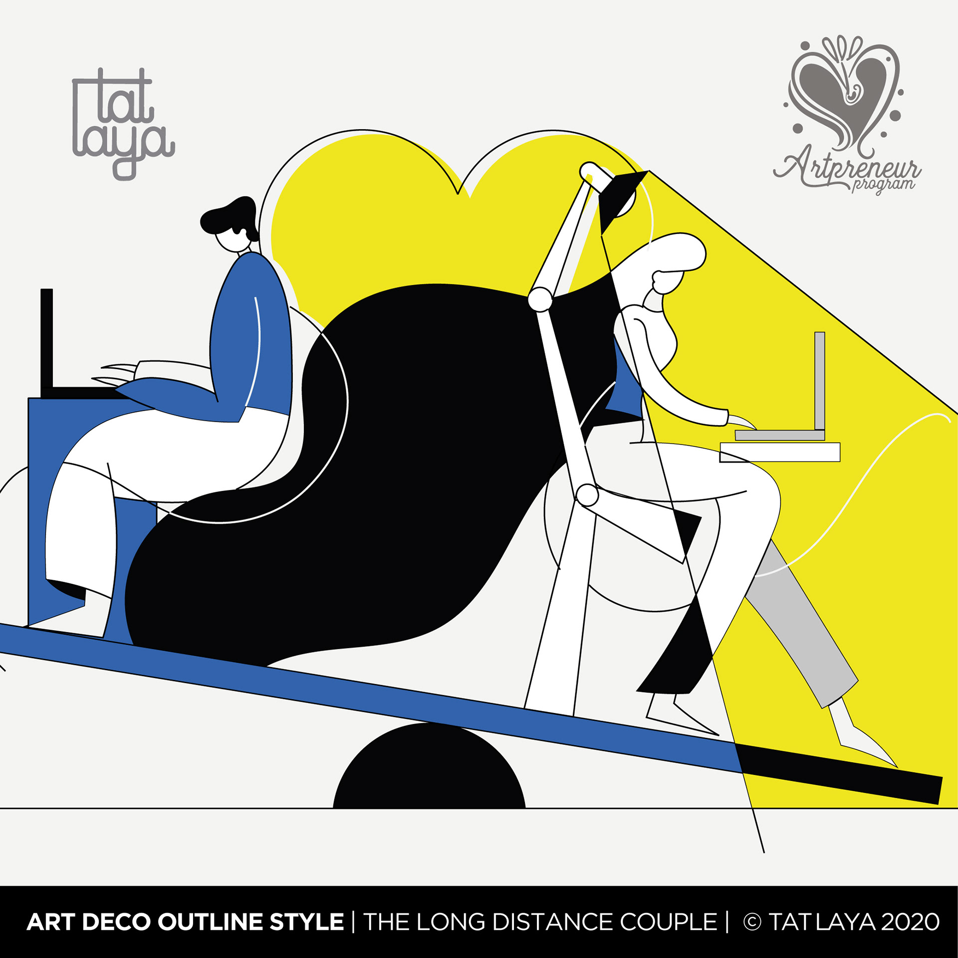 12 types of contemporary couple in Art Deco outline style: #1 The long-distance couple, Art Deco outline illustration, Atma Studios portfolio