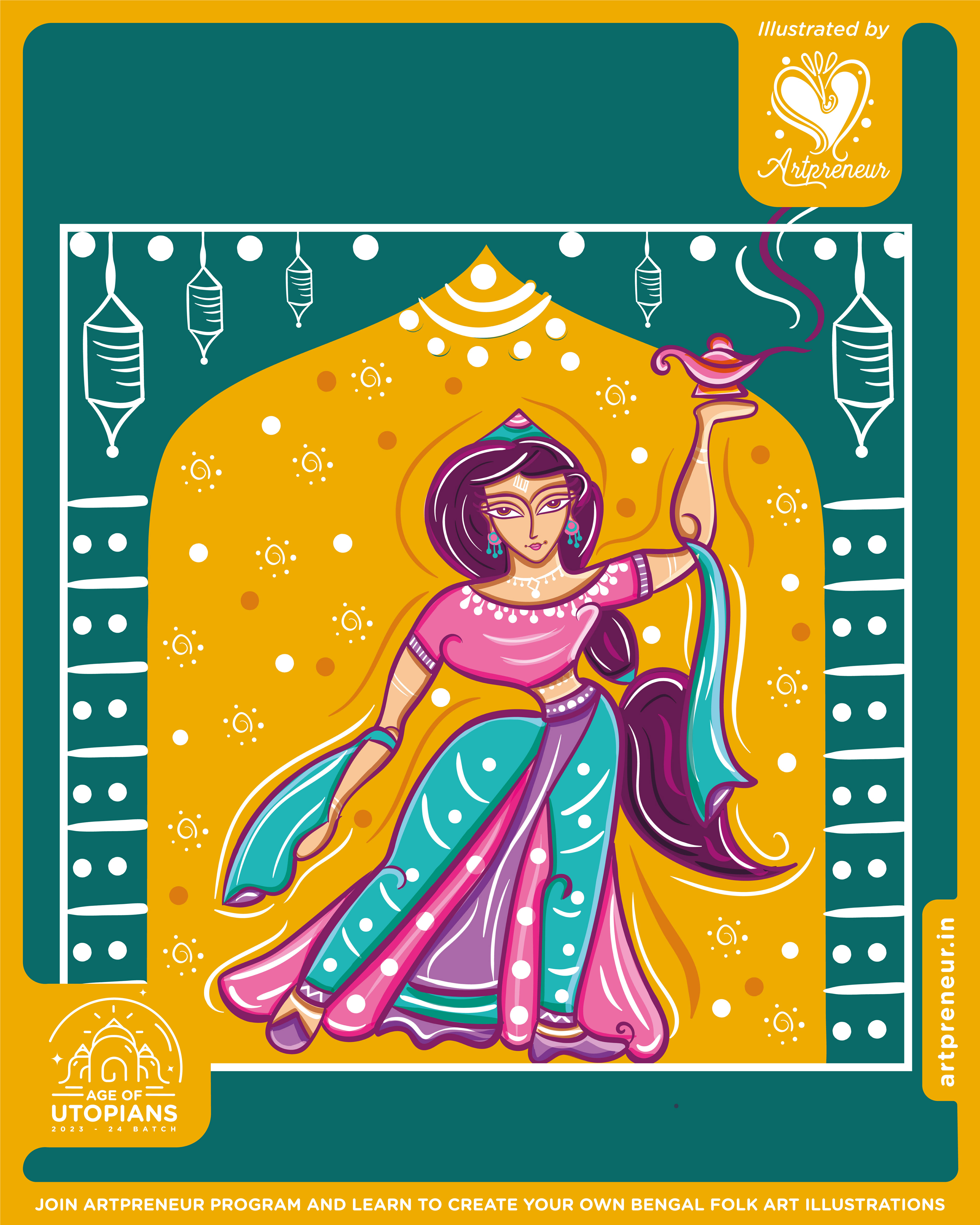 50 contemplated Bengal folk art illustrations: #35 Dancer in a teal frame