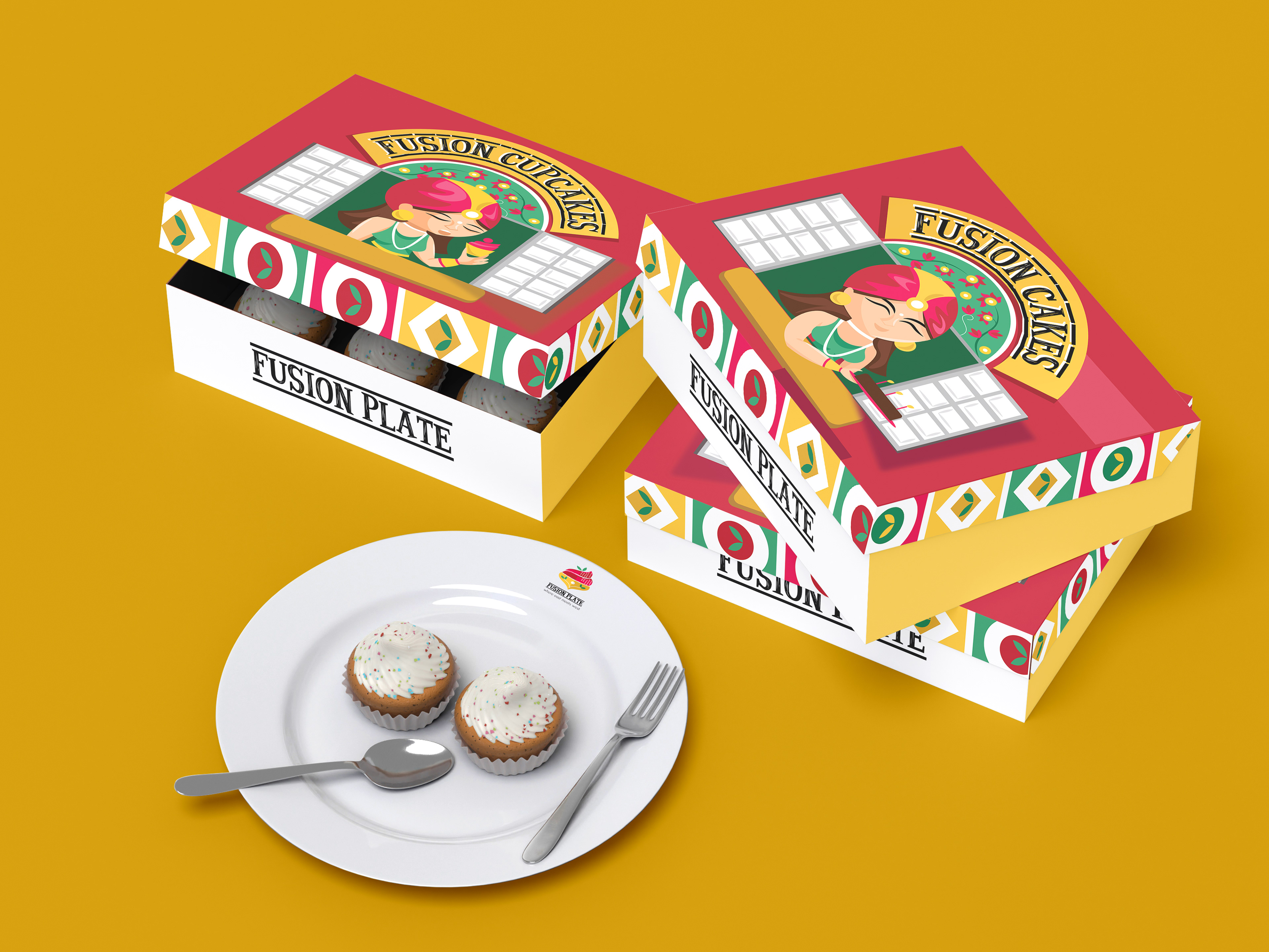Fusion Plate bakery brand: pastry box packaging with mascot illustration and a plate of cupcakes