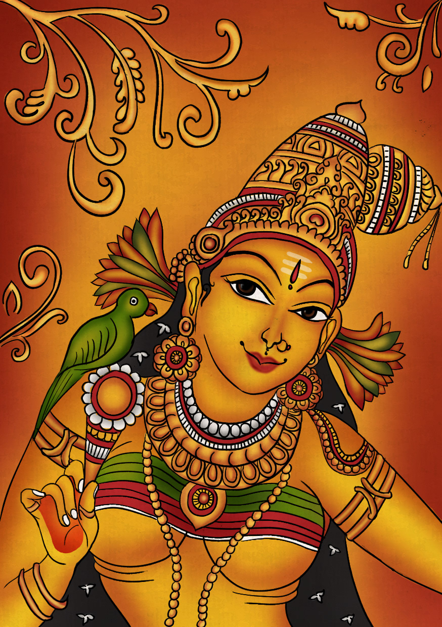 Experimental illustrations 2020: #2 Goddess with parrot in Kerala mural style