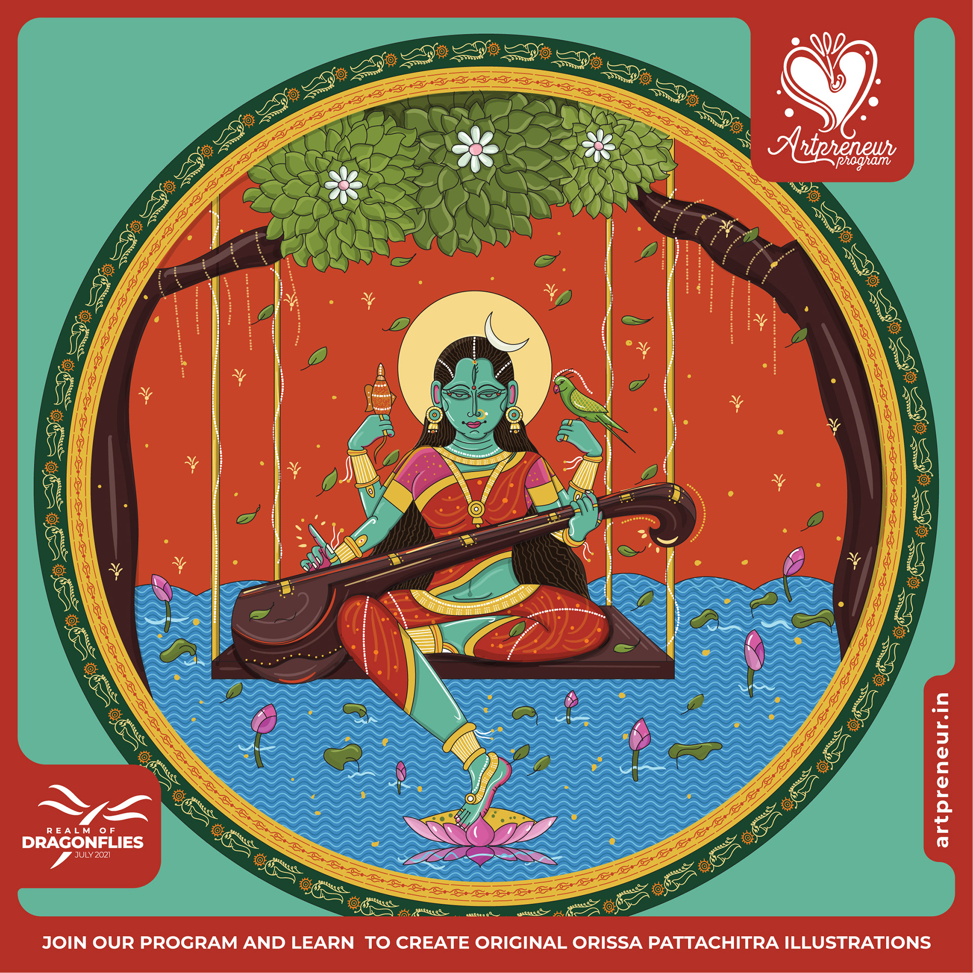 30 Orissa Pattachitra Indian folk illustrations: #10 Goddess with veena under a tree